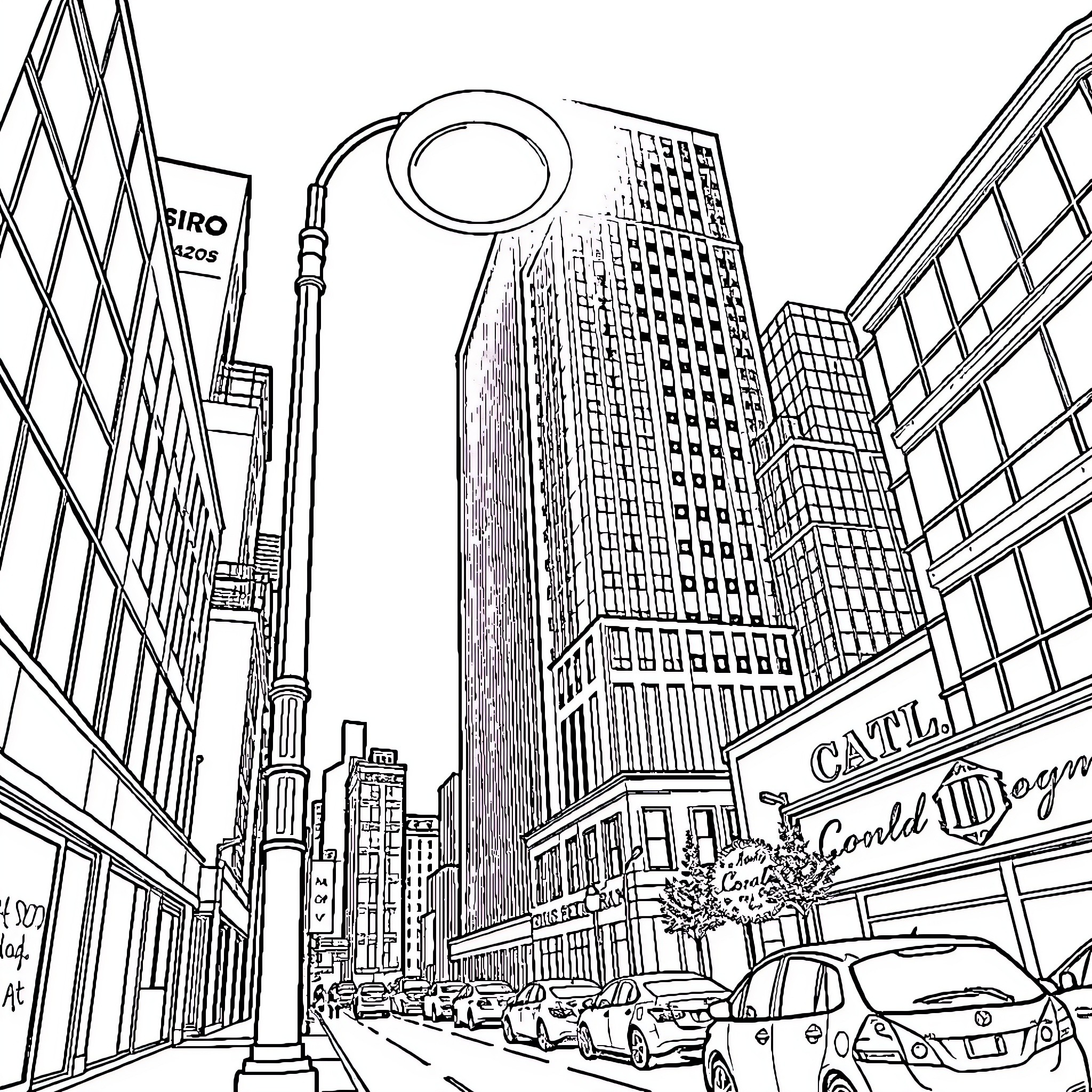 Building with skyscrapers and city traffic Coloring Page (free black-and-white line drawing printable PDF for all, from beginners to advanced learners, including children, teens, adults, and seniors)