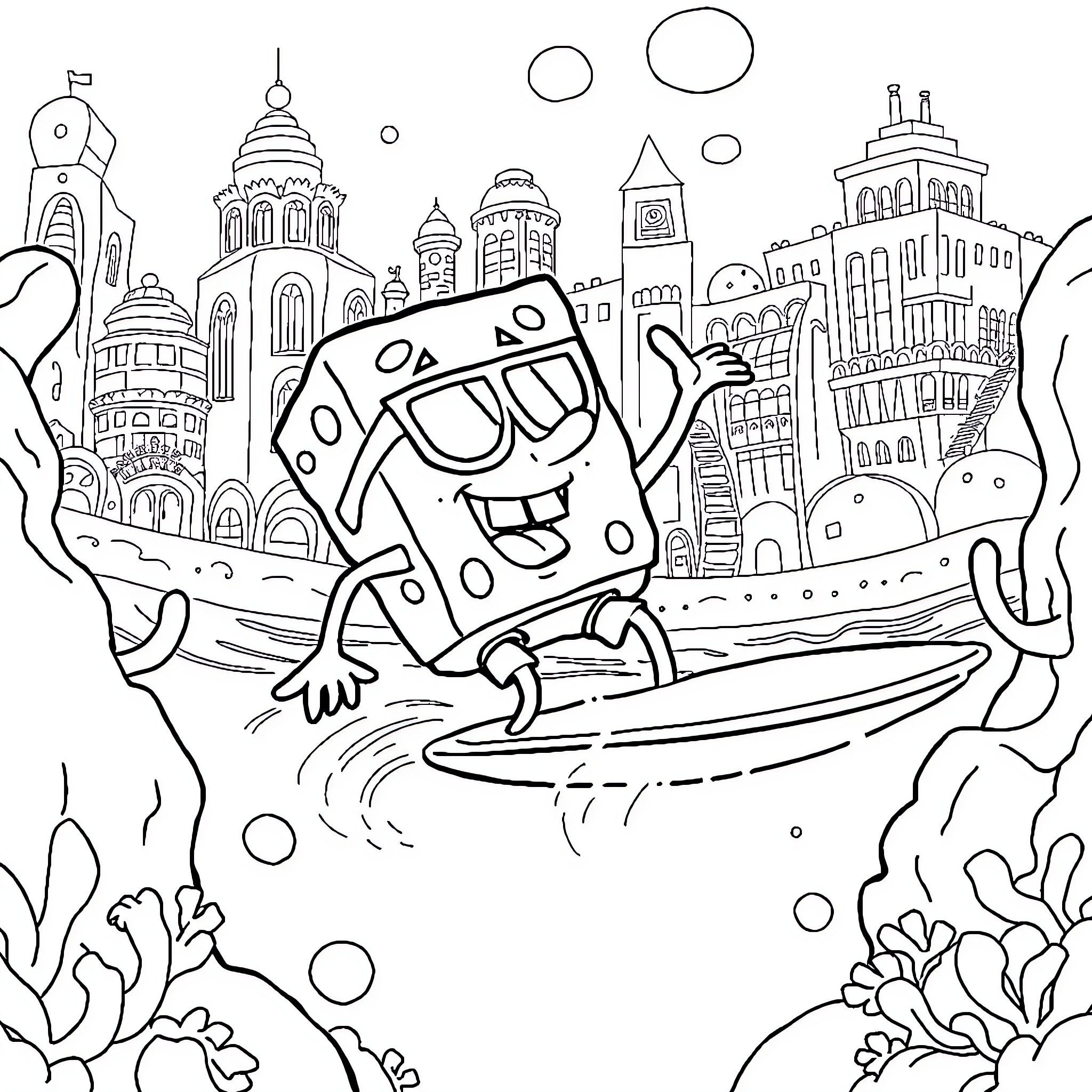 Bob esponja surfing in a fantastical underwater city Coloring Page (free black-and-white line drawing printable PDF for all, from beginners to advanced learners, including children, teens, adults, and seniors)