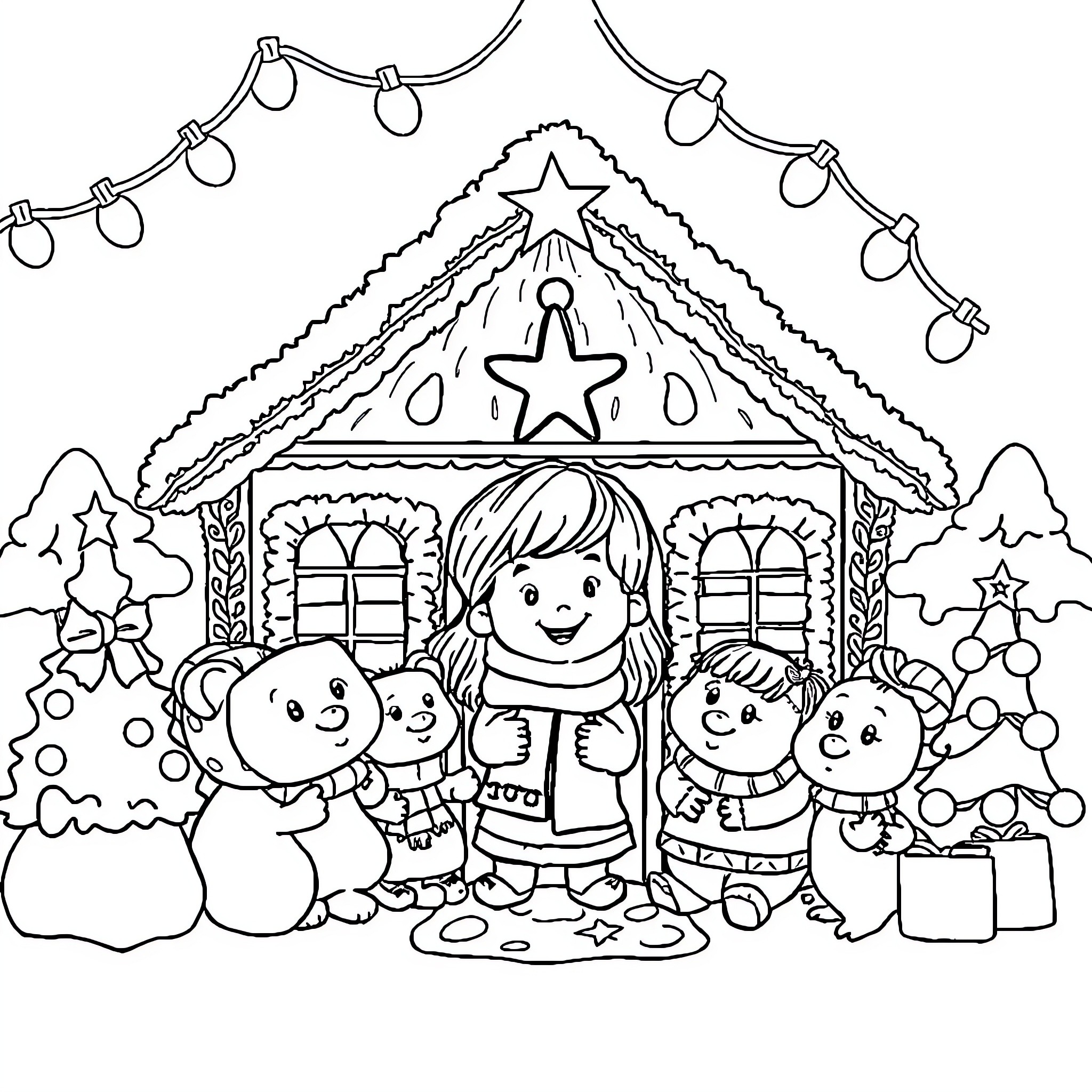 Gaby's Christmas Celebration with Snowmen and Friends Coloring Page (free black-and-white line drawing printable PDF for all, from beginners to advanced learners, including children, teens, adults, and seniors)