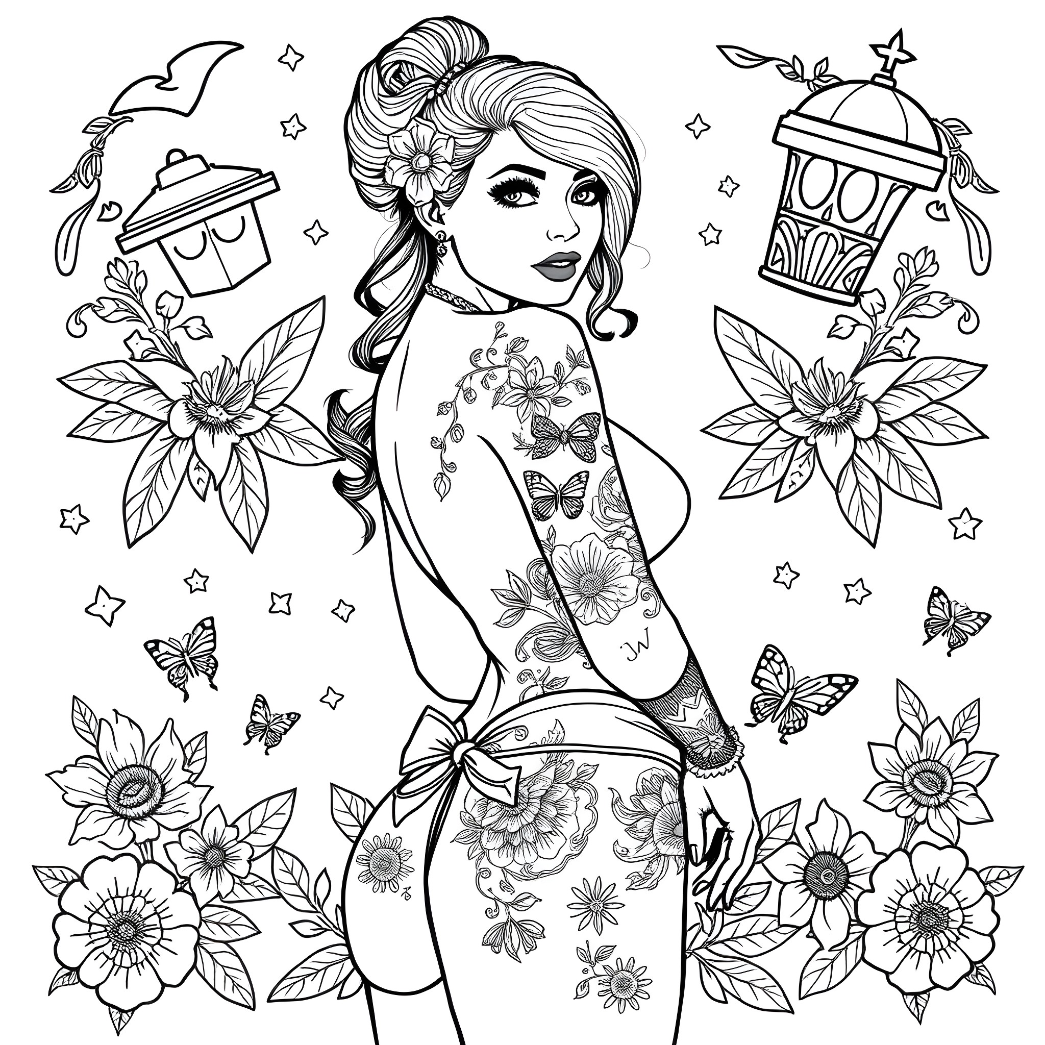 Woman with tattoos and colorful hairstyle Coloring Page (free black-and-white line drawing printable PDF for all, from beginners to advanced learners, including children, teens, adults, and seniors)