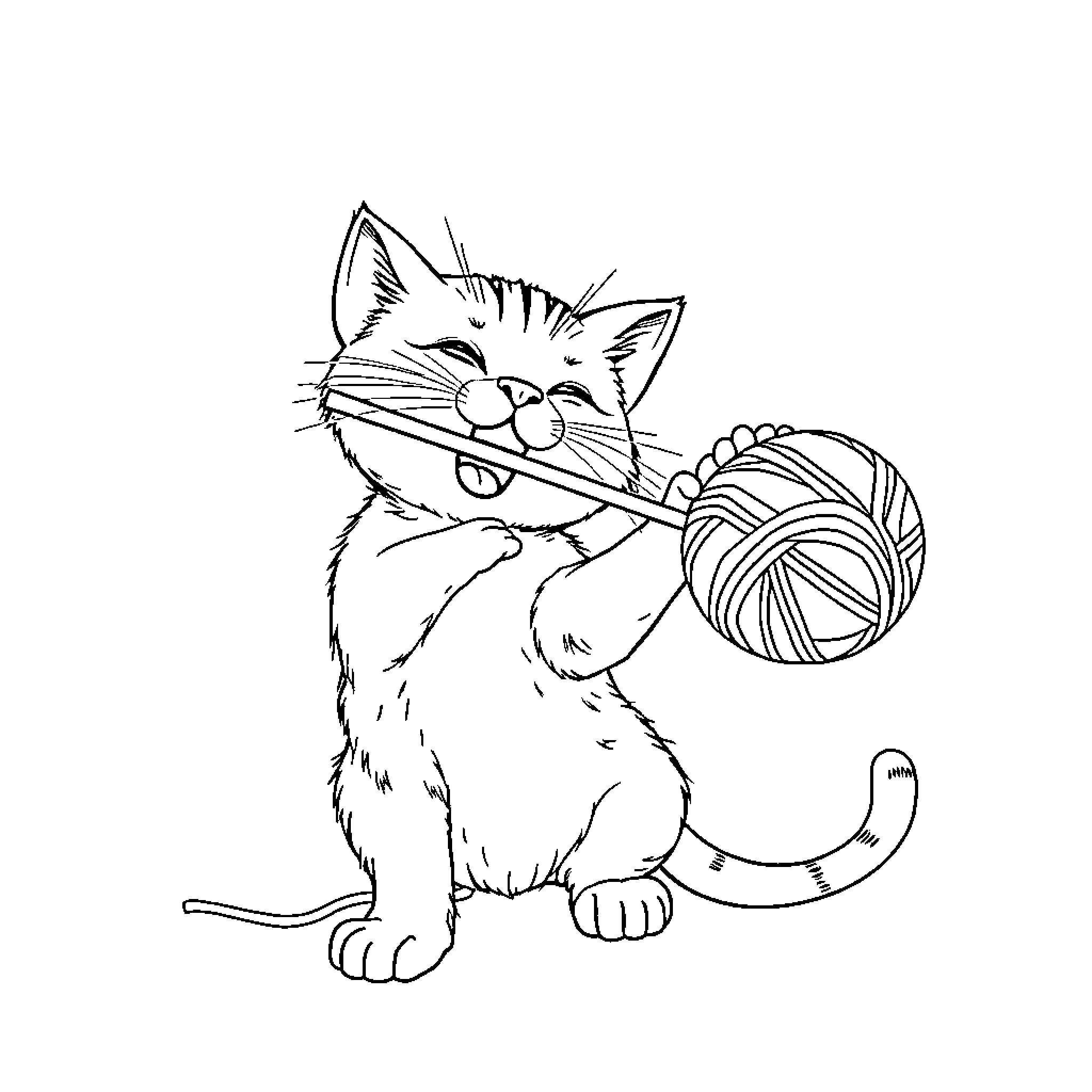 Cat playing with yarn ball Coloring Page (free black-and-white line drawing printable PDF for all, from beginners to advanced learners, including children, teens, adults, and seniors)