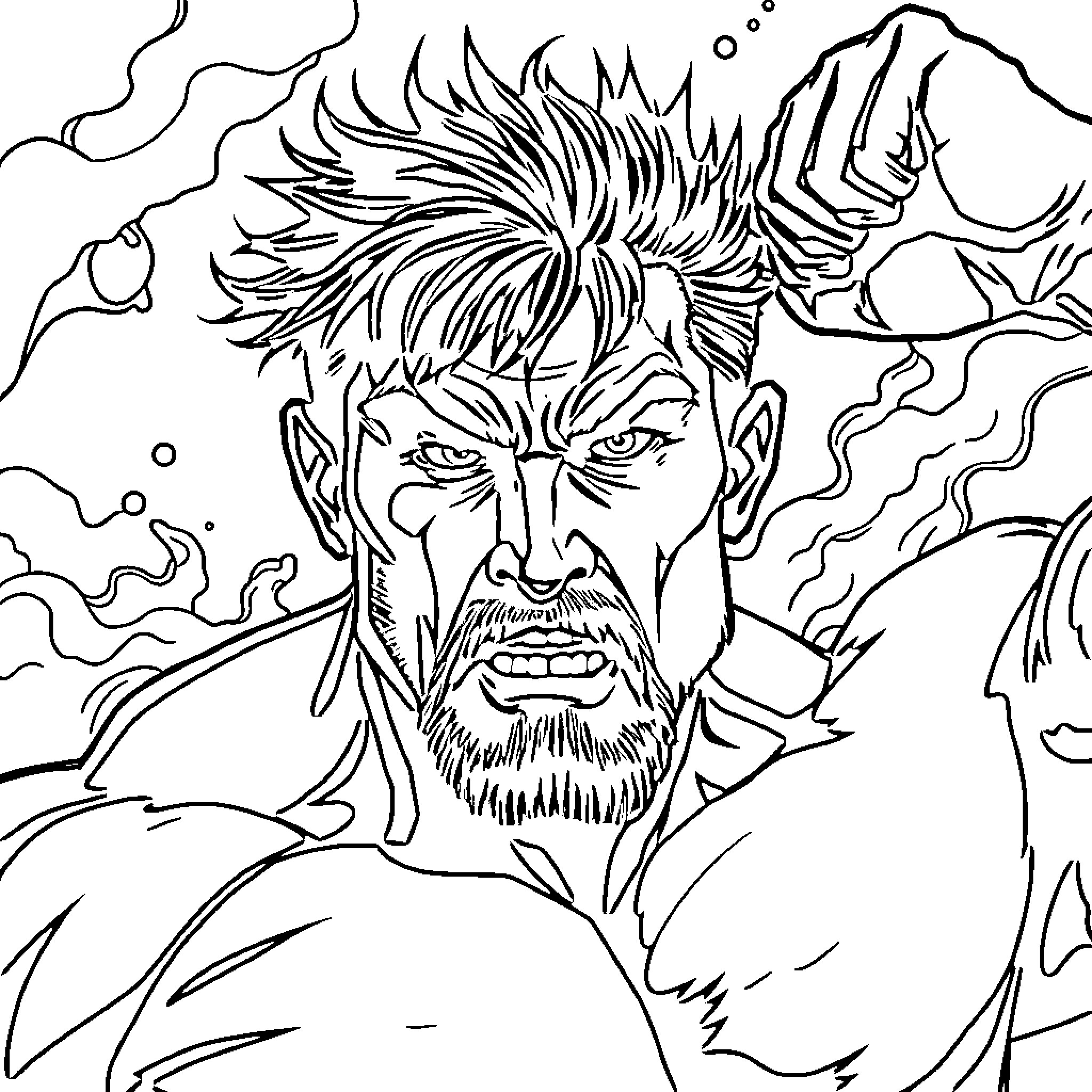 Testosterone-fueled Warrior's Fierce Expression Coloring Page (free black-and-white line drawing printable PDF for all, from beginners to advanced learners, including children, teens, adults, and seniors)