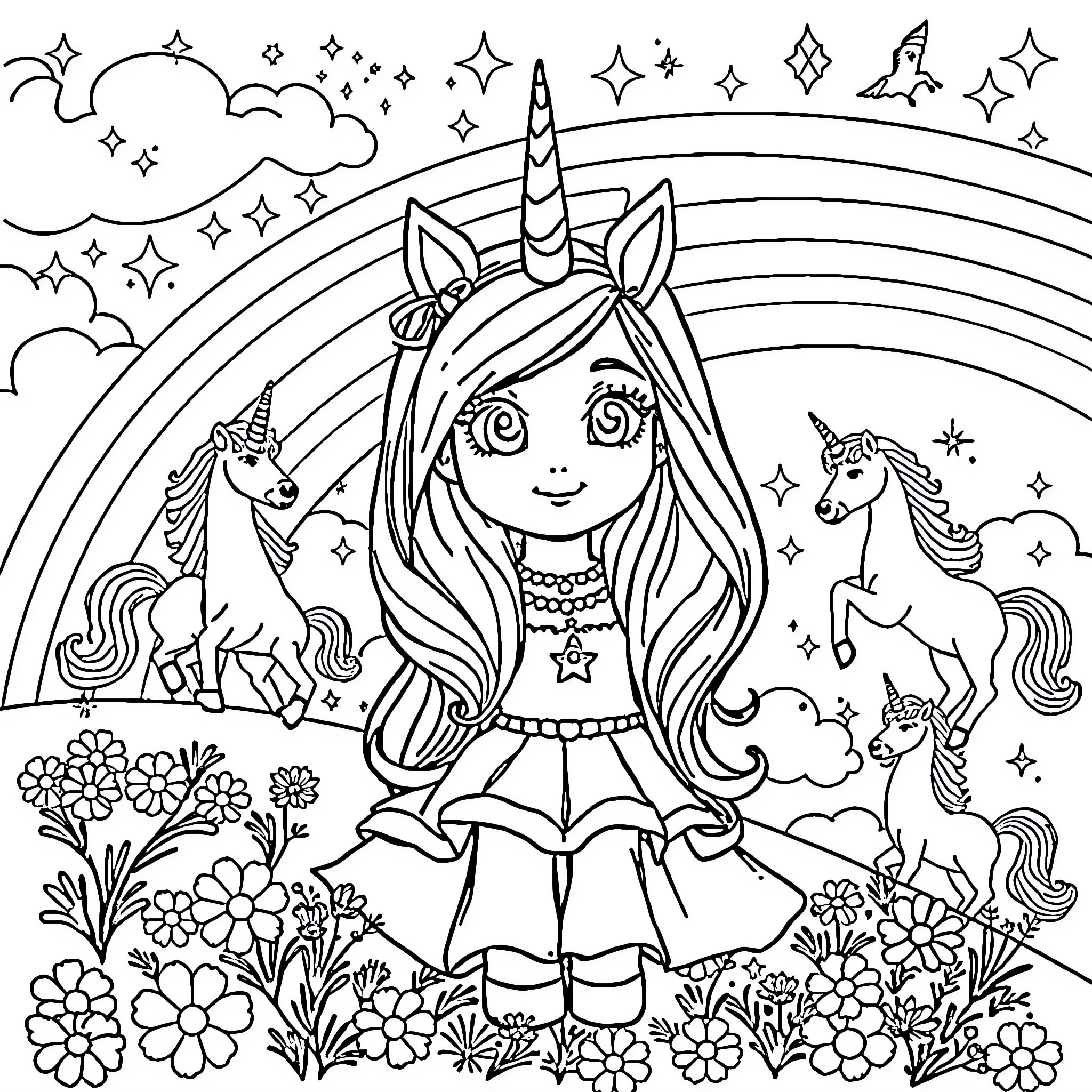Unicorn girl surrounded by magical creatures and rainbow Coloring Page (free black-and-white line drawing printable PDF for all, from beginners to advanced learners, including children, teens, adults, and seniors)