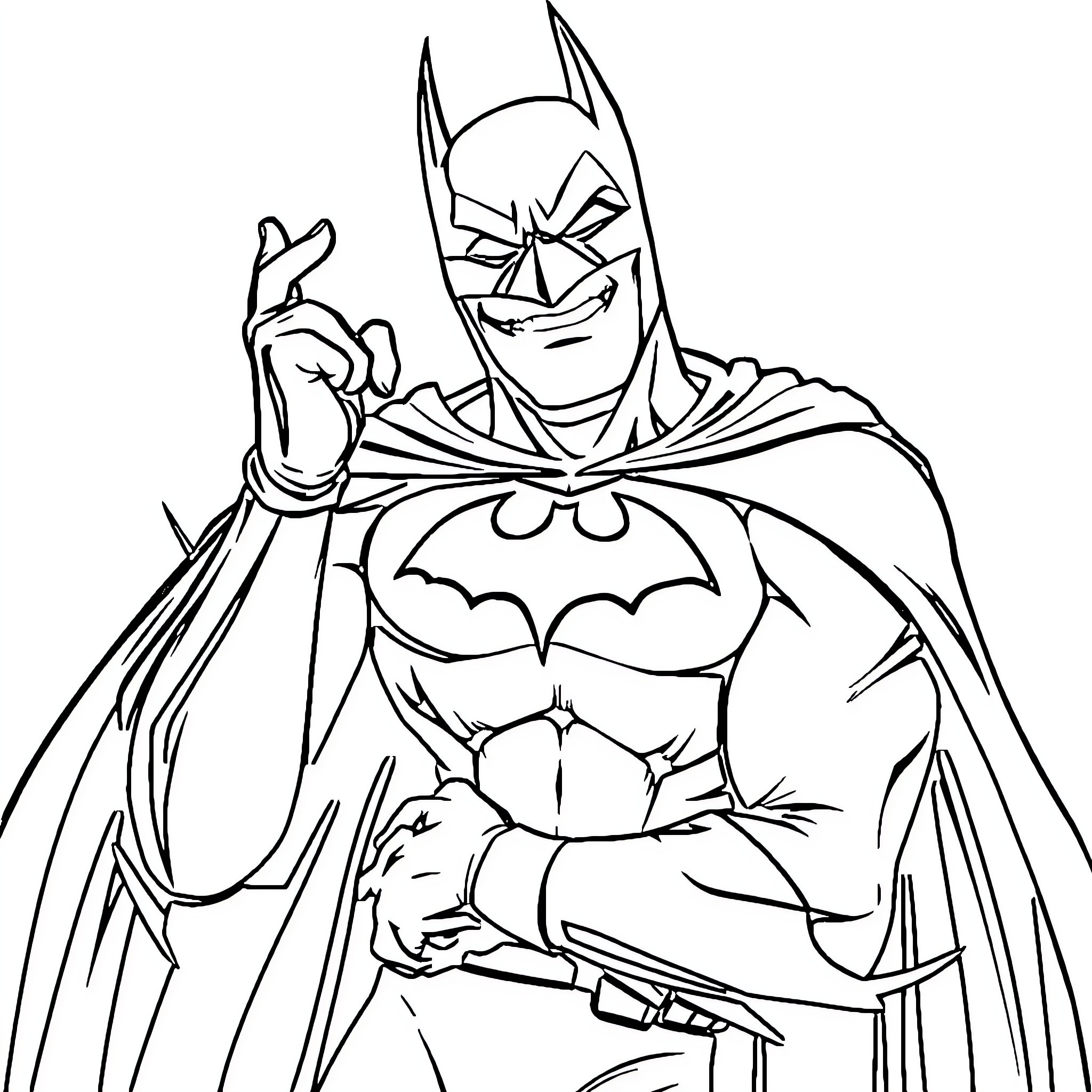 Batman making a confident gesture in his signature outfit Coloring Page (free black-and-white line drawing printable PDF for all, from beginners to advanced learners, including children, teens, adults, and seniors)