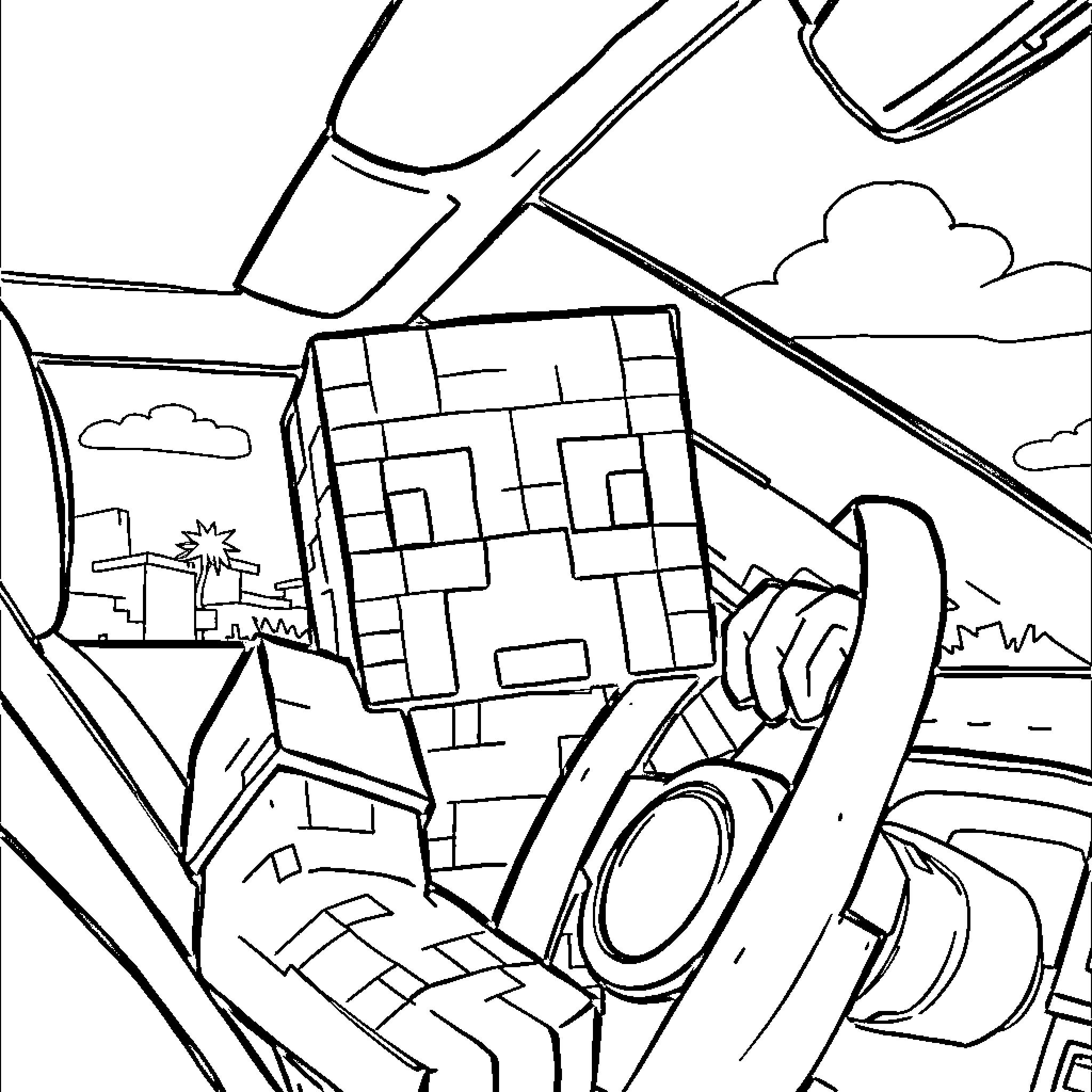 Creeper exploring the blocky landscape Coloring Page (free black-and-white line drawing printable PDF for all, from beginners to advanced learners, including children, teens, adults, and seniors)
