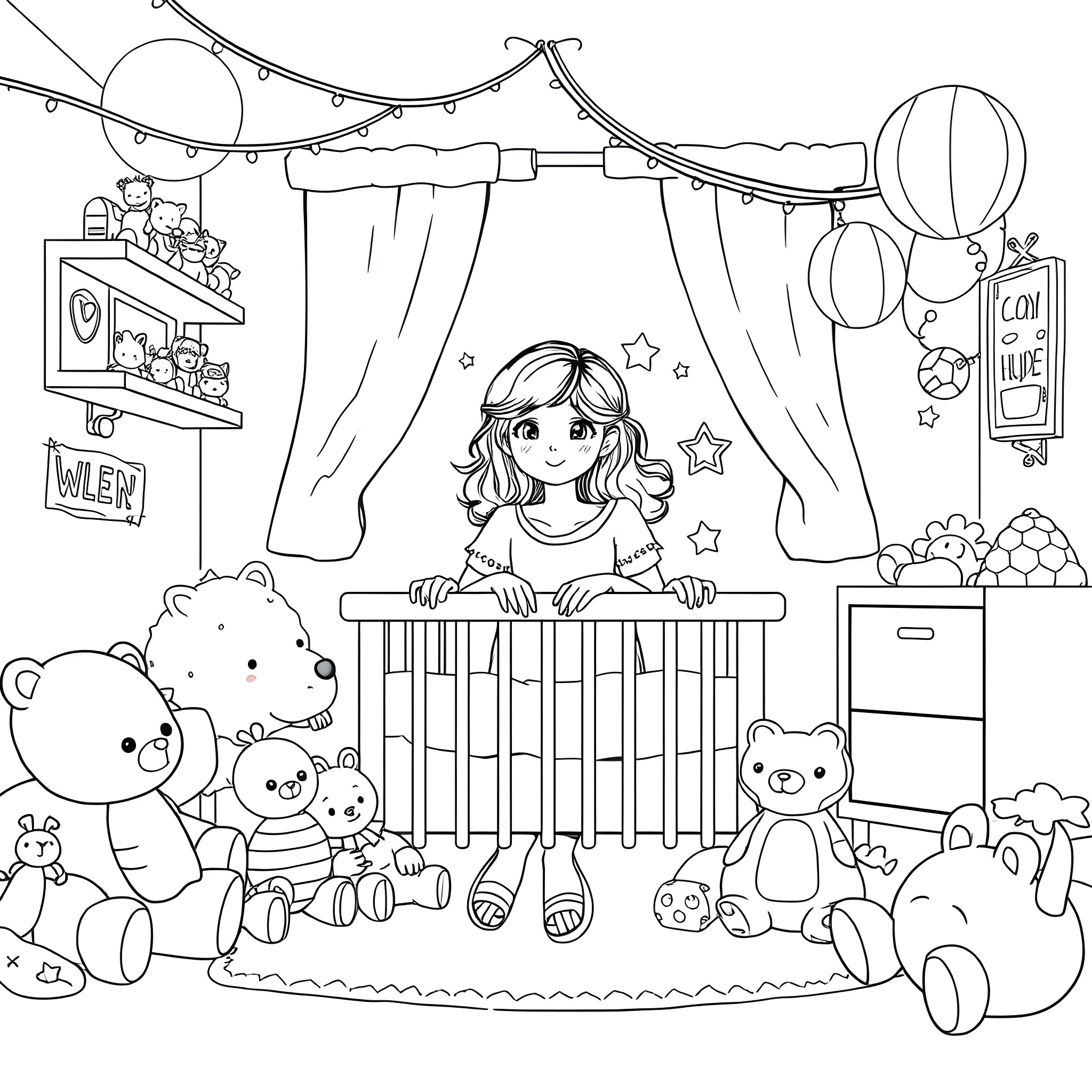 Woman surrounded by toys in her playful room Coloring Page (free black-and-white line drawing printable PDF for all, from beginners to advanced learners, including children, teens, adults, and seniors)