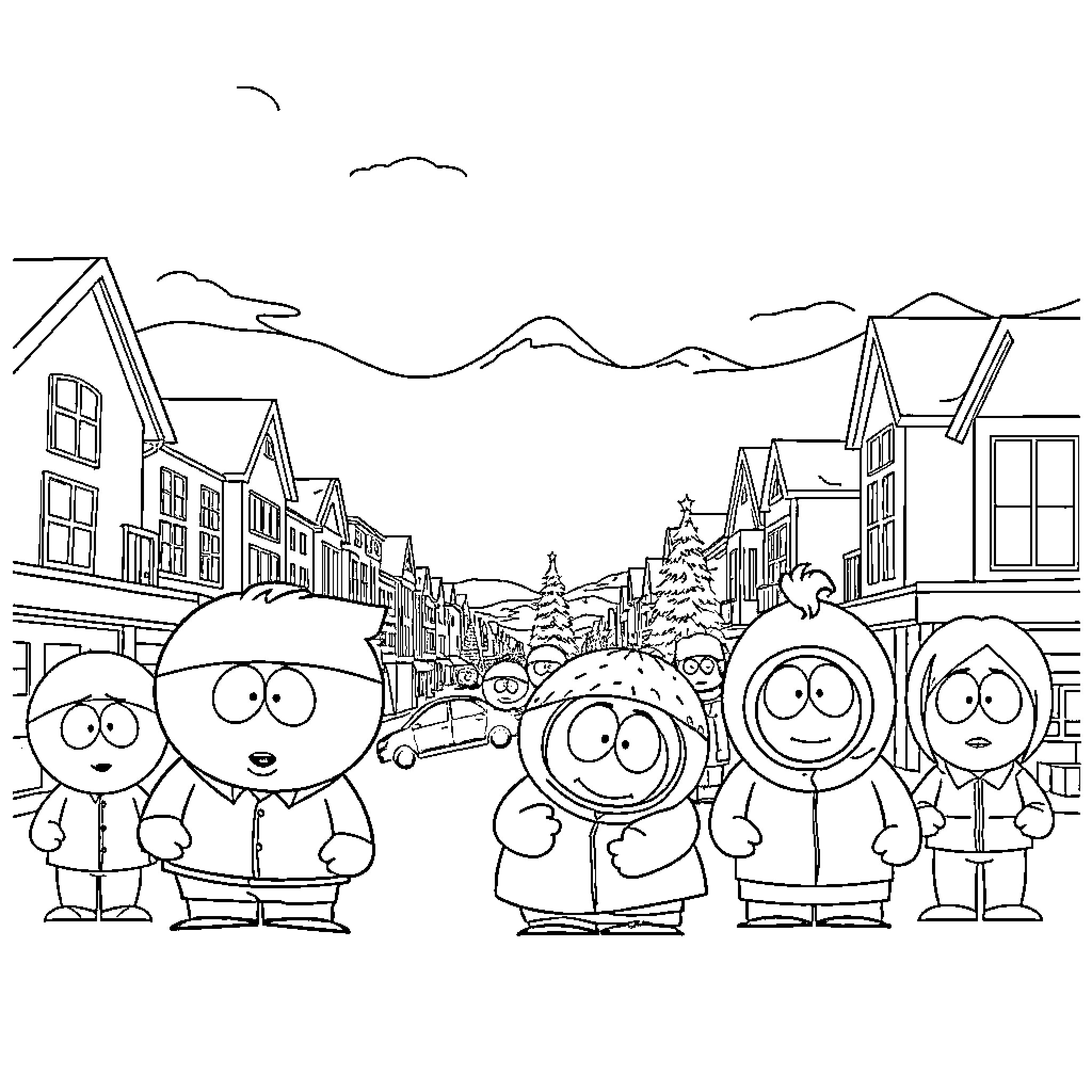South Park characters in a snowy mountain town Coloring Page (free black-and-white line drawing printable PDF for all, from beginners to advanced learners, including children, teens, adults, and seniors)
