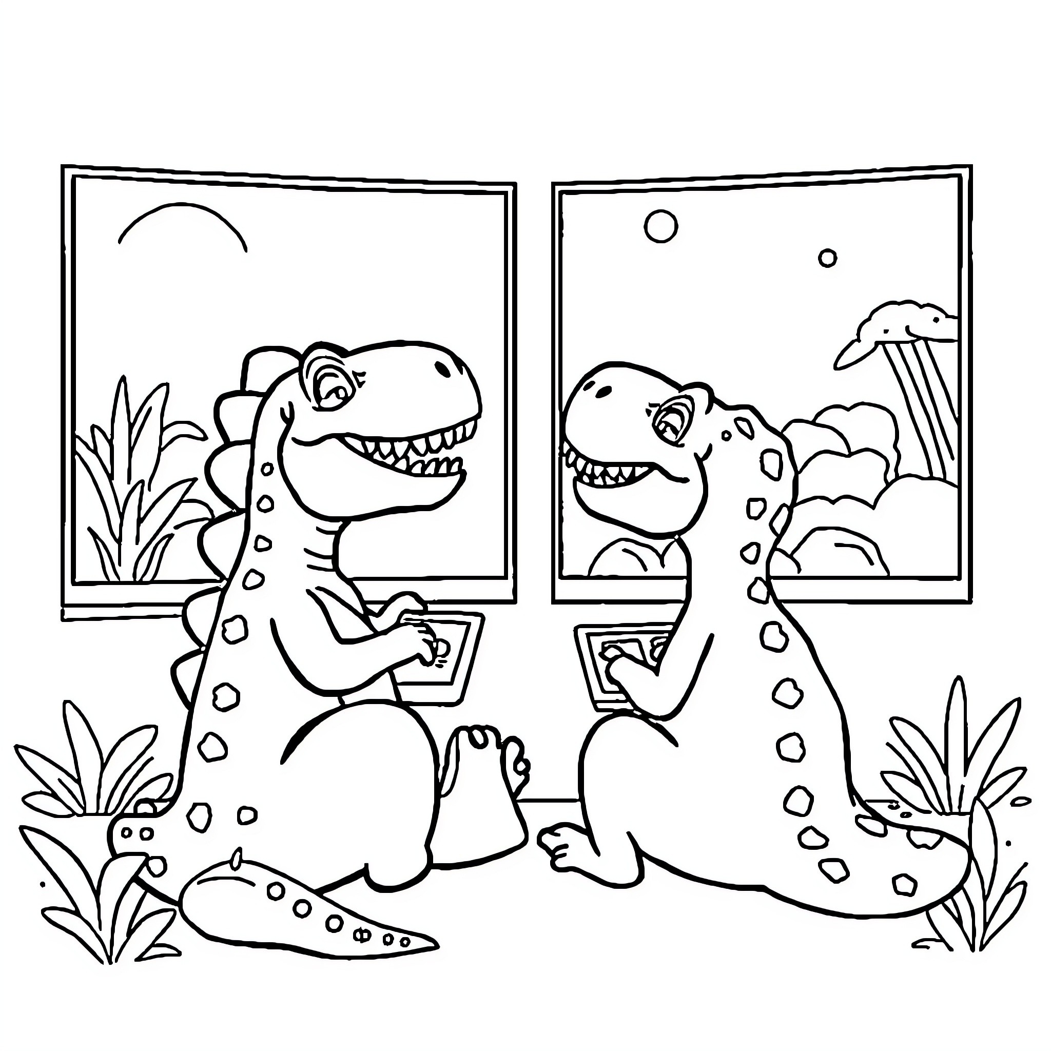 Dinosaurs exploring their prehistoric surroundings Coloring Page (free black-and-white line drawing printable PDF for all, from beginners to advanced learners, including children, teens, adults, and seniors)