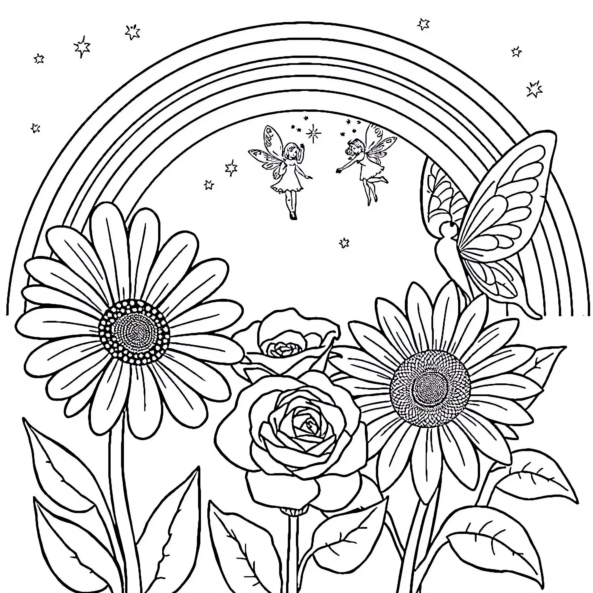 Fairy Fairies Amid Flowers and Rainbow Coloring Page (free black-and-white line drawing printable PDF for all, from beginners to advanced learners, including children, teens, adults, and seniors)