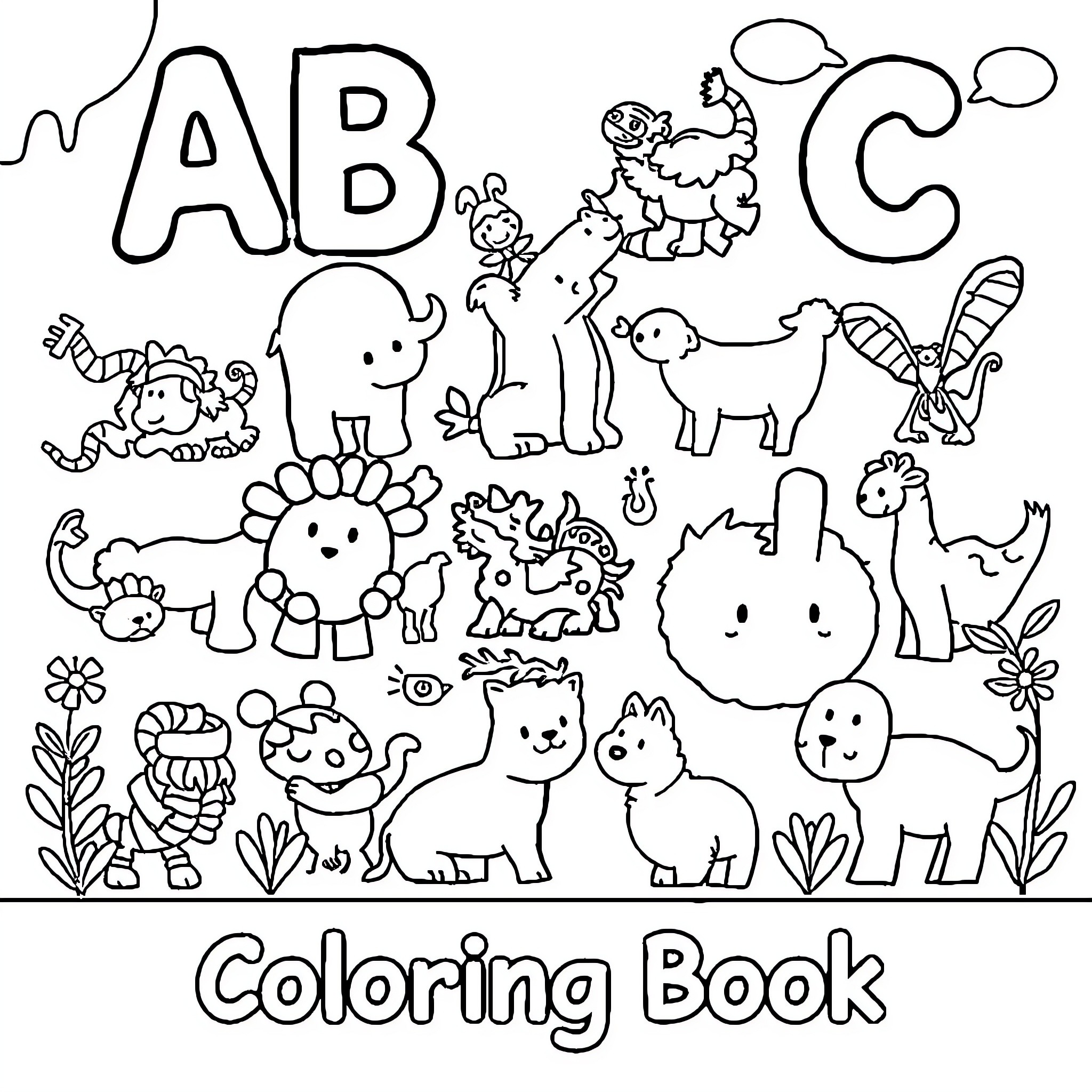 Animal Characters in a Coloring Book Coloring Page (free black-and-white line drawing printable PDF for all, from beginners to advanced learners, including children, teens, adults, and seniors)