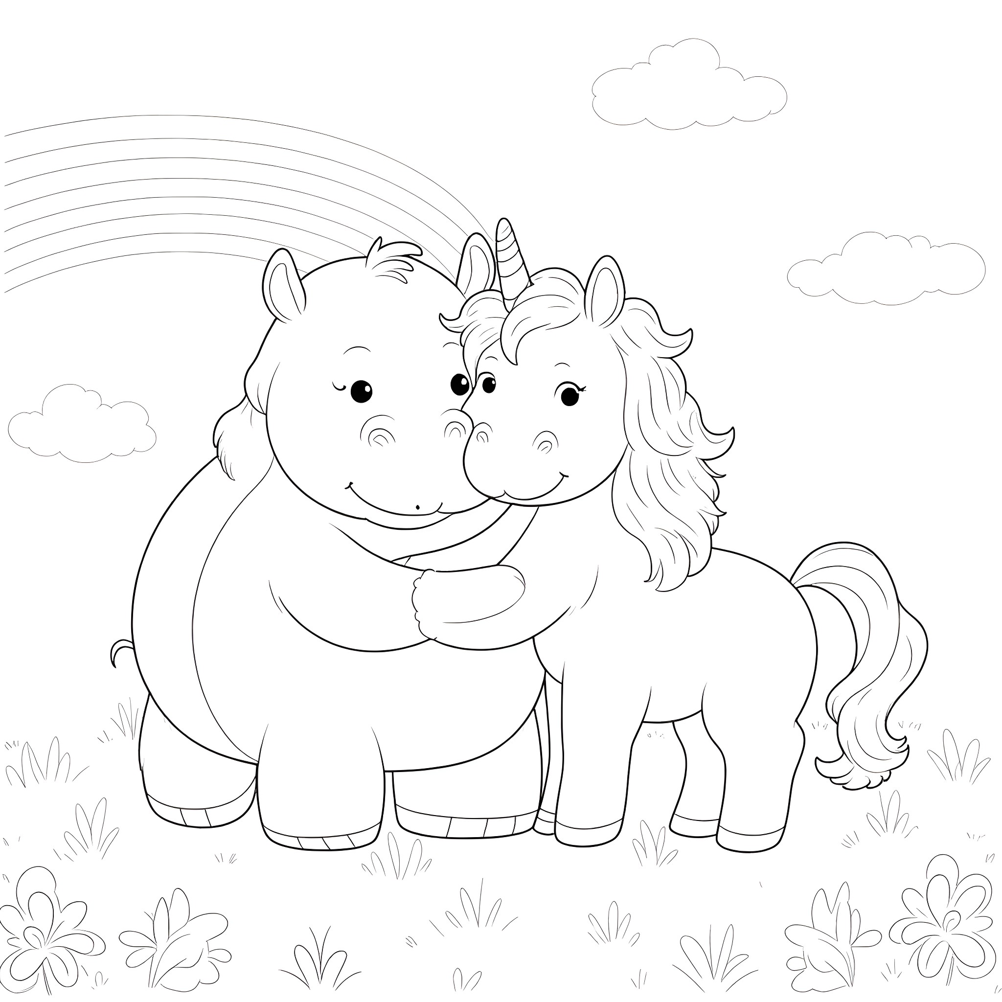 Hippo-like animals hugging in the meadow Coloring Page (free black-and-white line drawing printable PDF for all, from beginners to advanced learners, including children, teens, adults, and seniors)