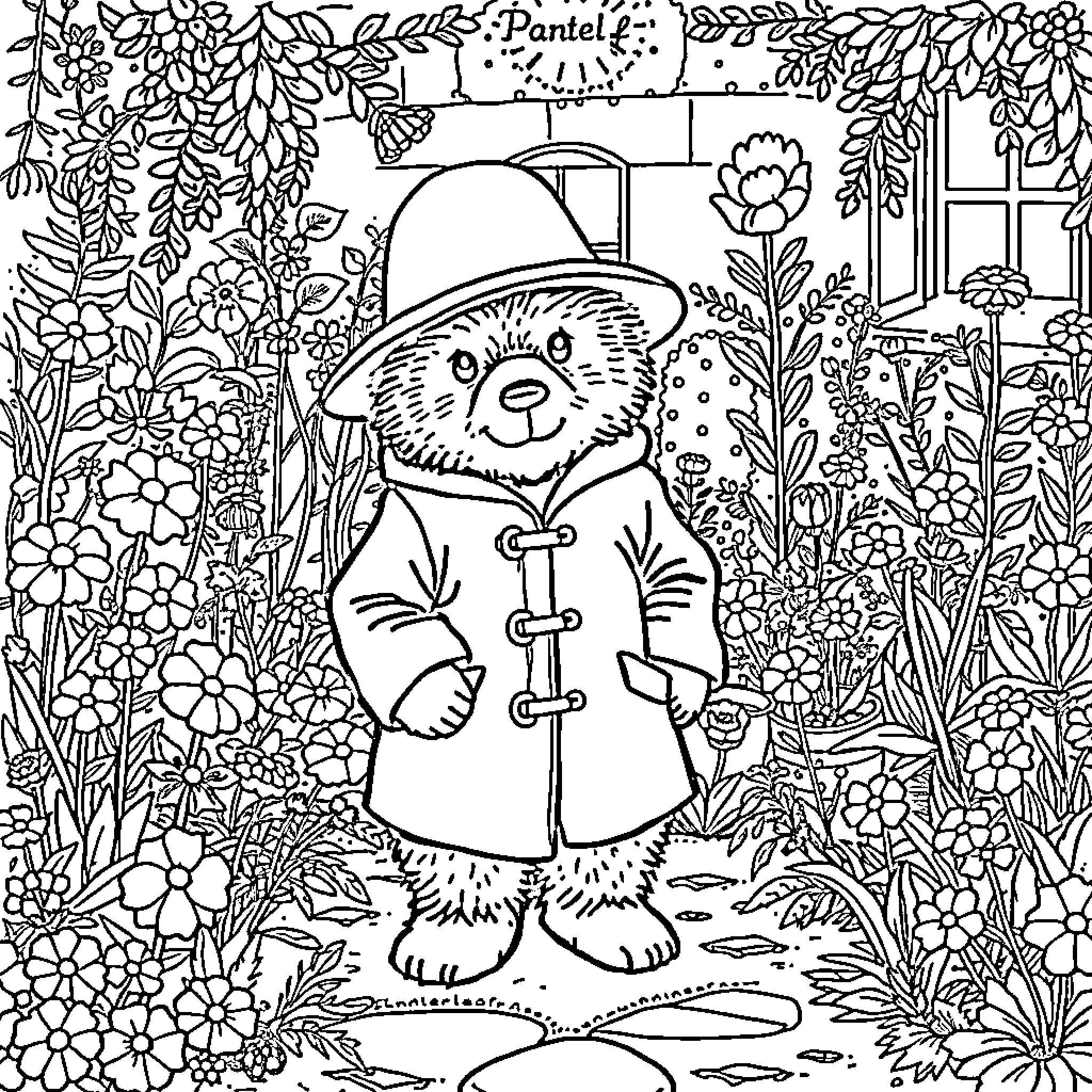 Paddington Bear in a Whimsical Garden Coloring Page (free black-and-white line drawing printable PDF for all, from beginners to advanced learners, including children, teens, adults, and seniors)