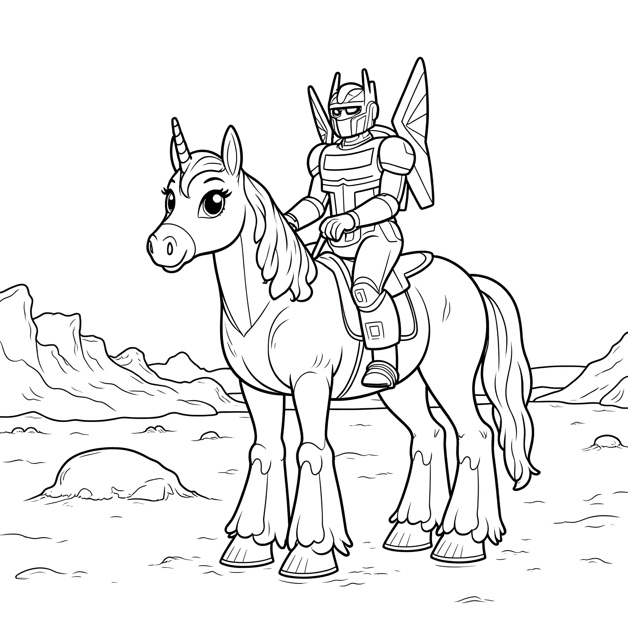 Optimus Prime riding a unicorn in the desert Coloring Page (free black-and-white line drawing printable PDF for all, from beginners to advanced learners, including children, teens, adults, and seniors)
