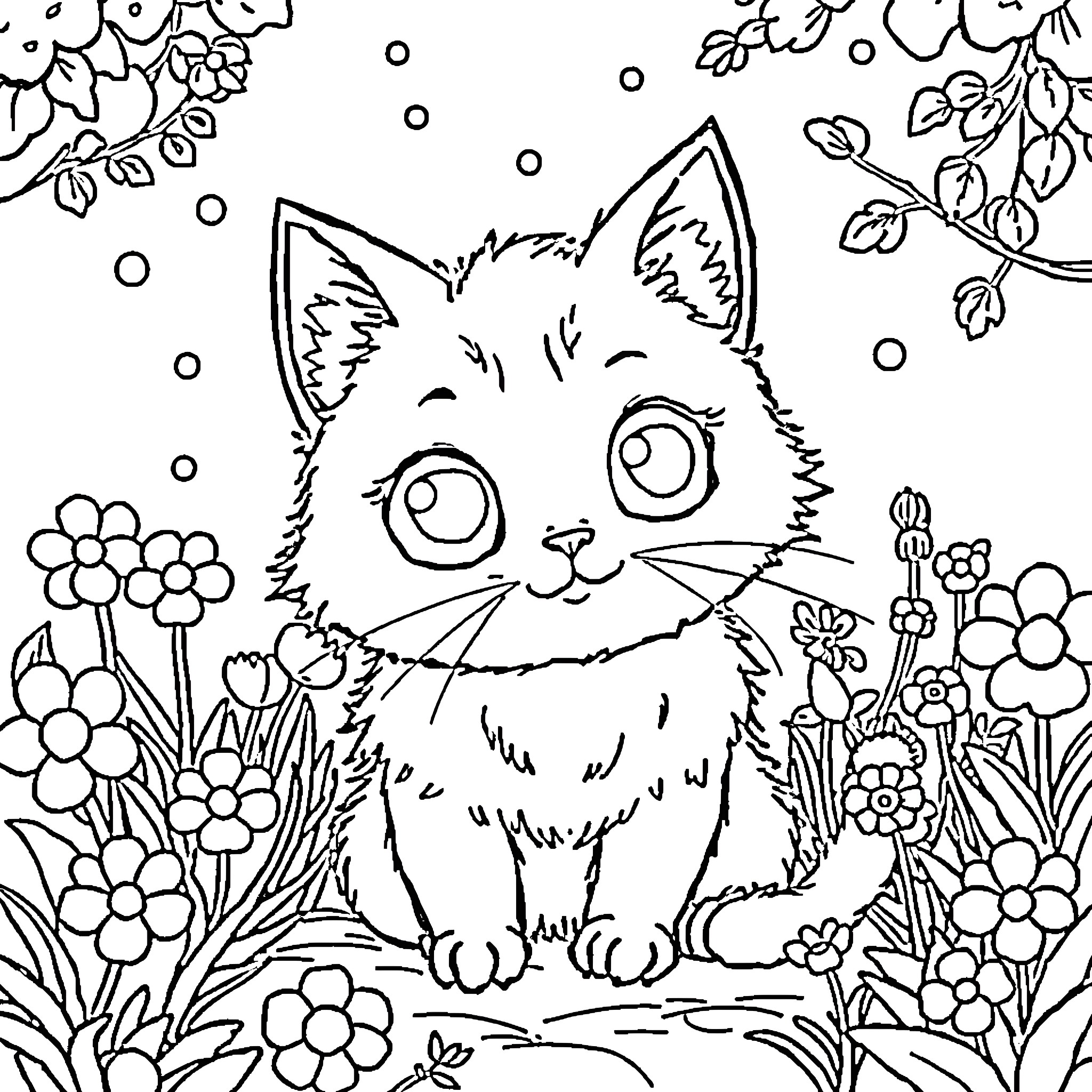 Cat exploring a floral garden Coloring Page (free black-and-white line drawing printable PDF for all, from beginners to advanced learners, including children, teens, adults, and seniors)
