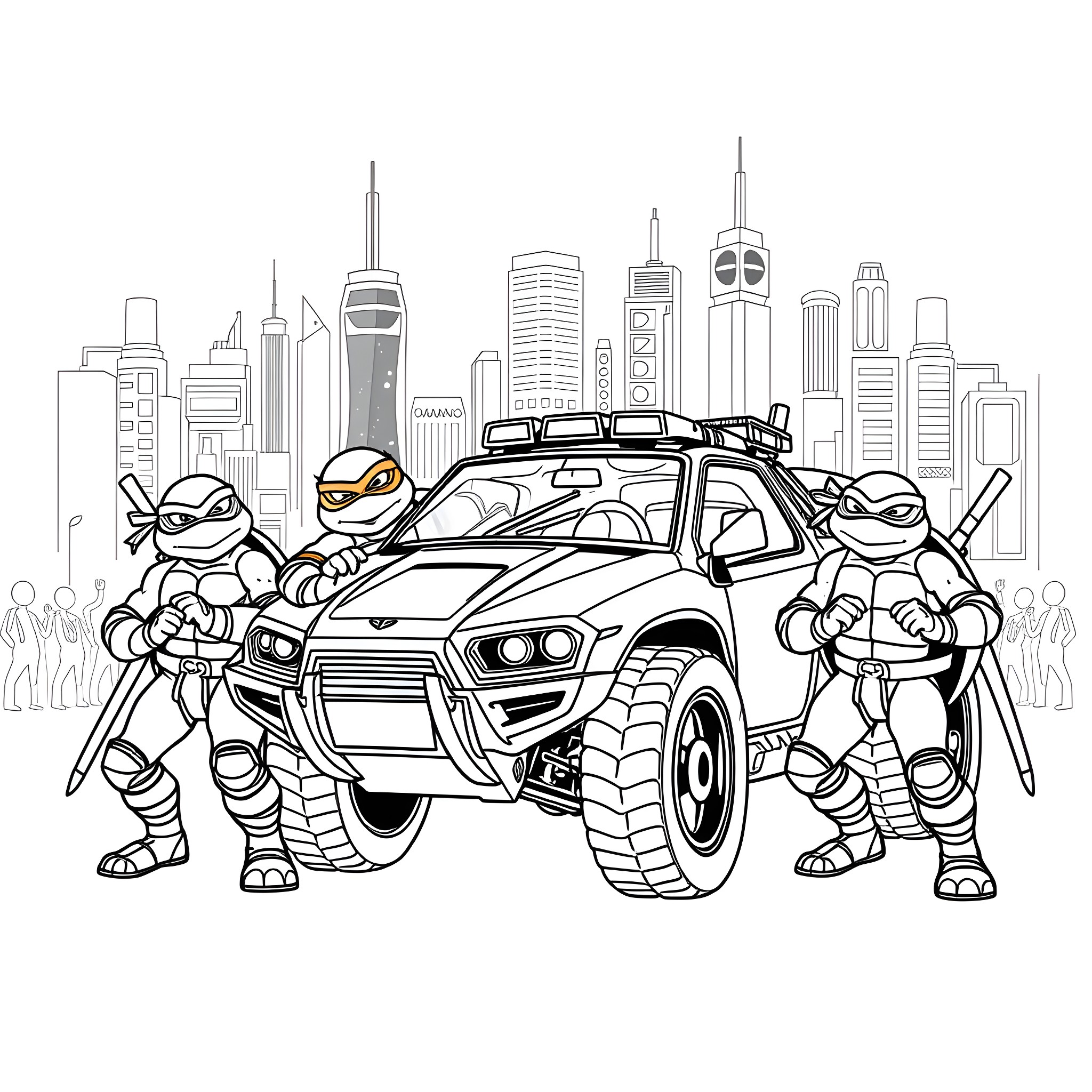 Ninja Turtle heroes battle crime in the city Coloring Page (free black-and-white line drawing printable PDF for all, from beginners to advanced learners, including children, teens, adults, and seniors)