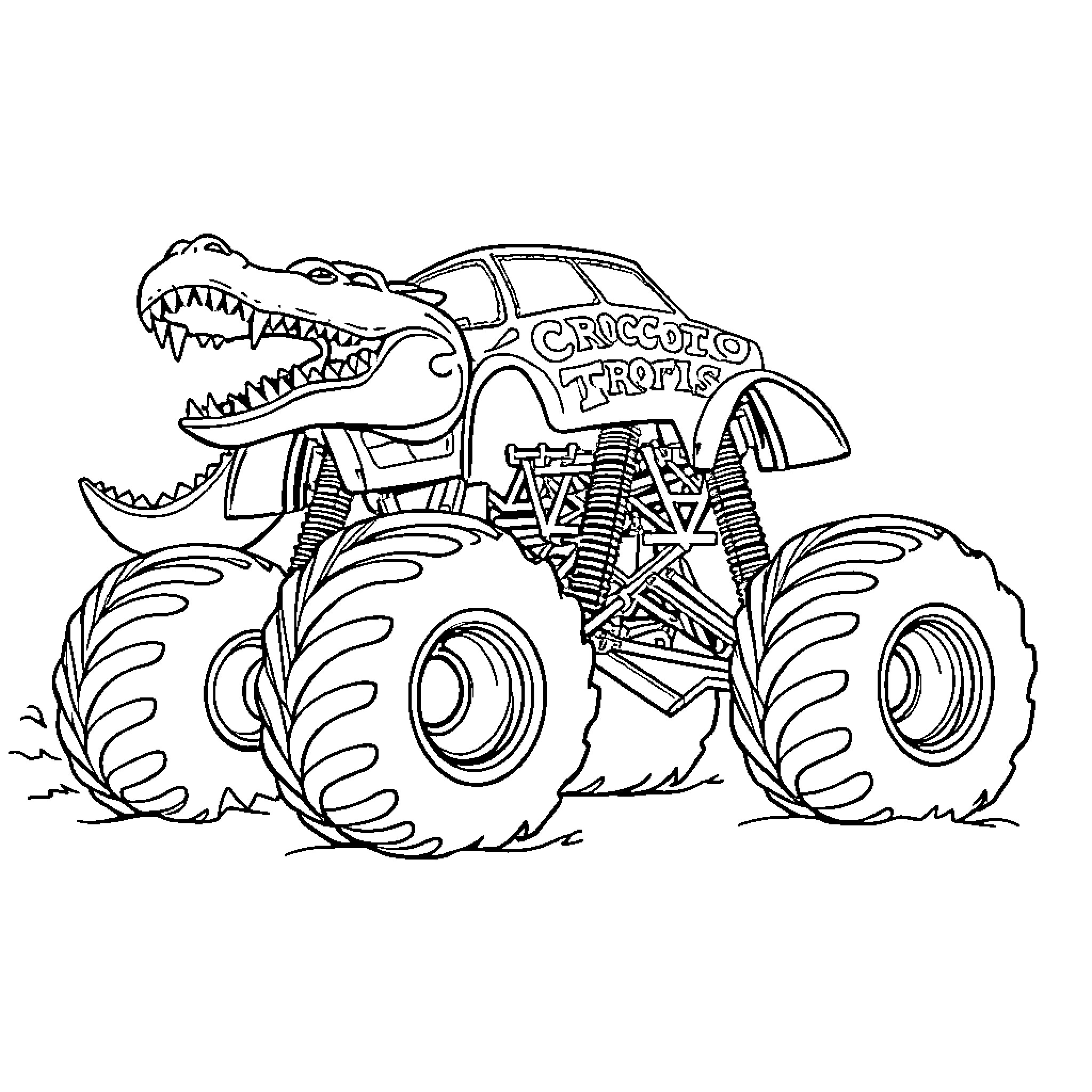 Monster Truck Crushing Through Obstacles Coloring Page (free black-and-white line drawing printable PDF for all, from beginners to advanced learners, including children, teens, adults, and seniors)