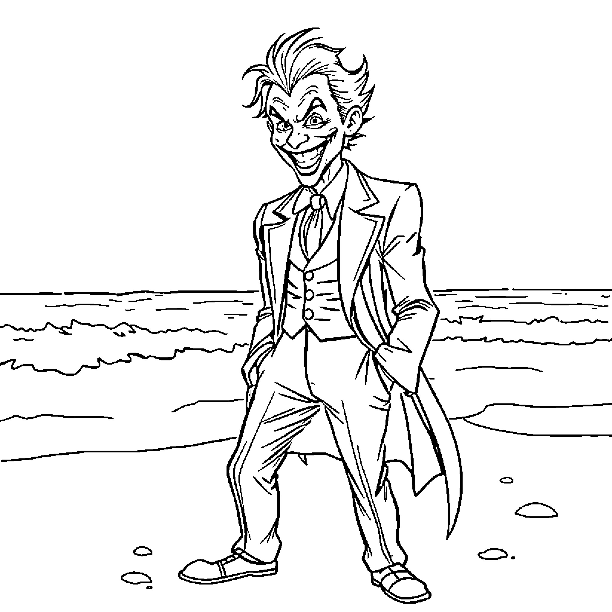 Joker's Mischievous Grin on the Beach Coloring Page (free black-and-white line drawing printable PDF for all, from beginners to advanced learners, including children, teens, adults, and seniors)