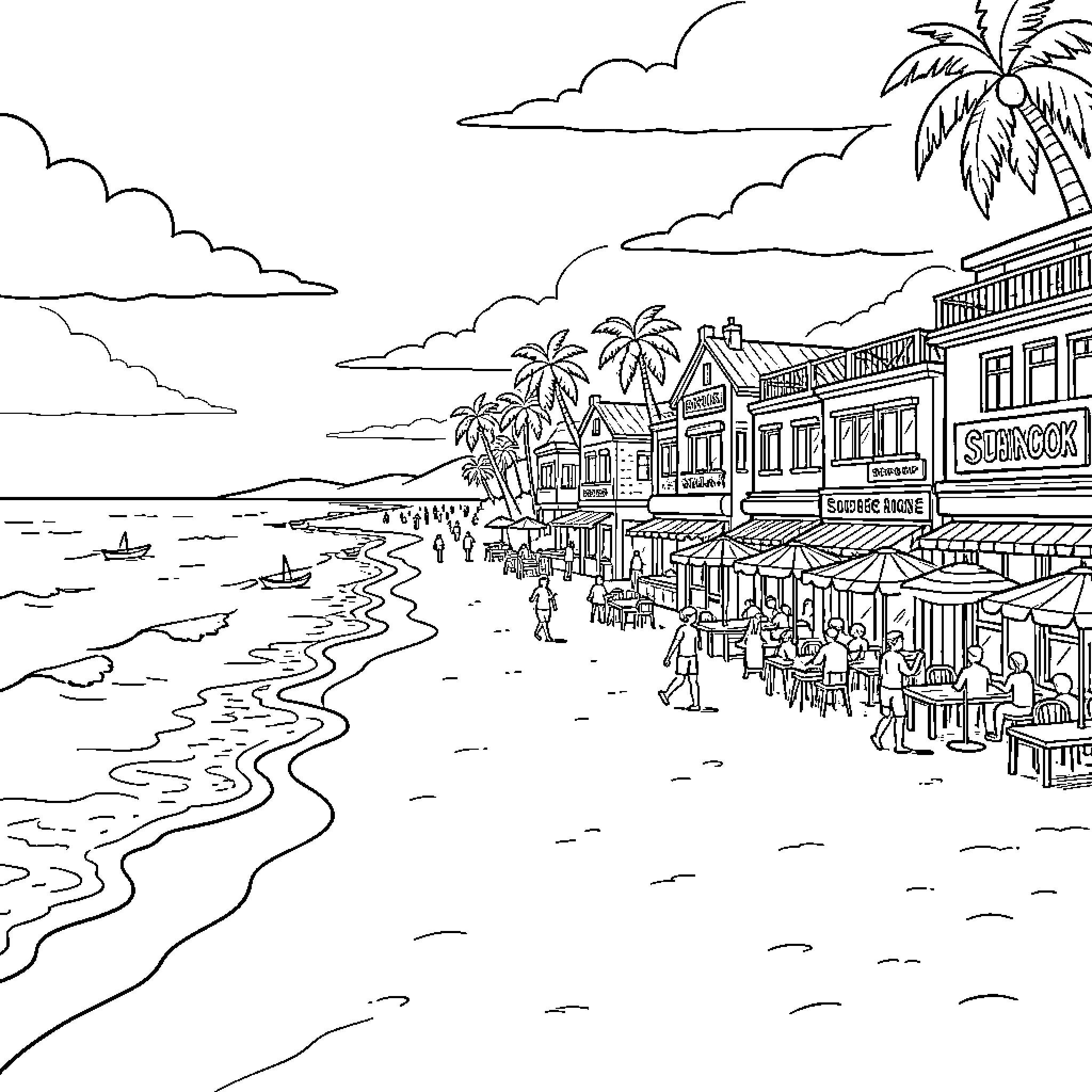 Beach scene with lively shops and people Coloring Page (free black-and-white line drawing printable PDF for all, from beginners to advanced learners, including children, teens, adults, and seniors)