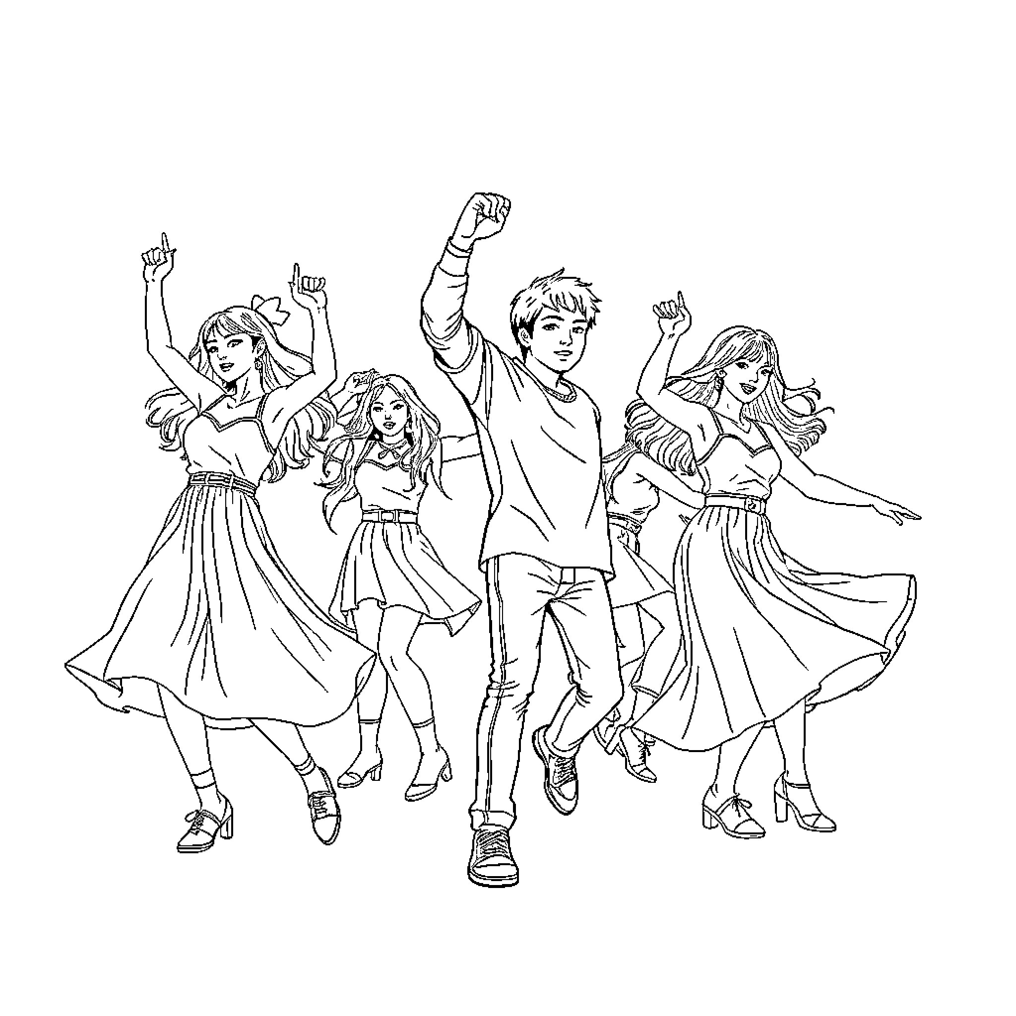 Kpop group performing energetic dance routine Coloring Page (free black-and-white line drawing printable PDF for all, from beginners to advanced learners, including children, teens, adults, and seniors)