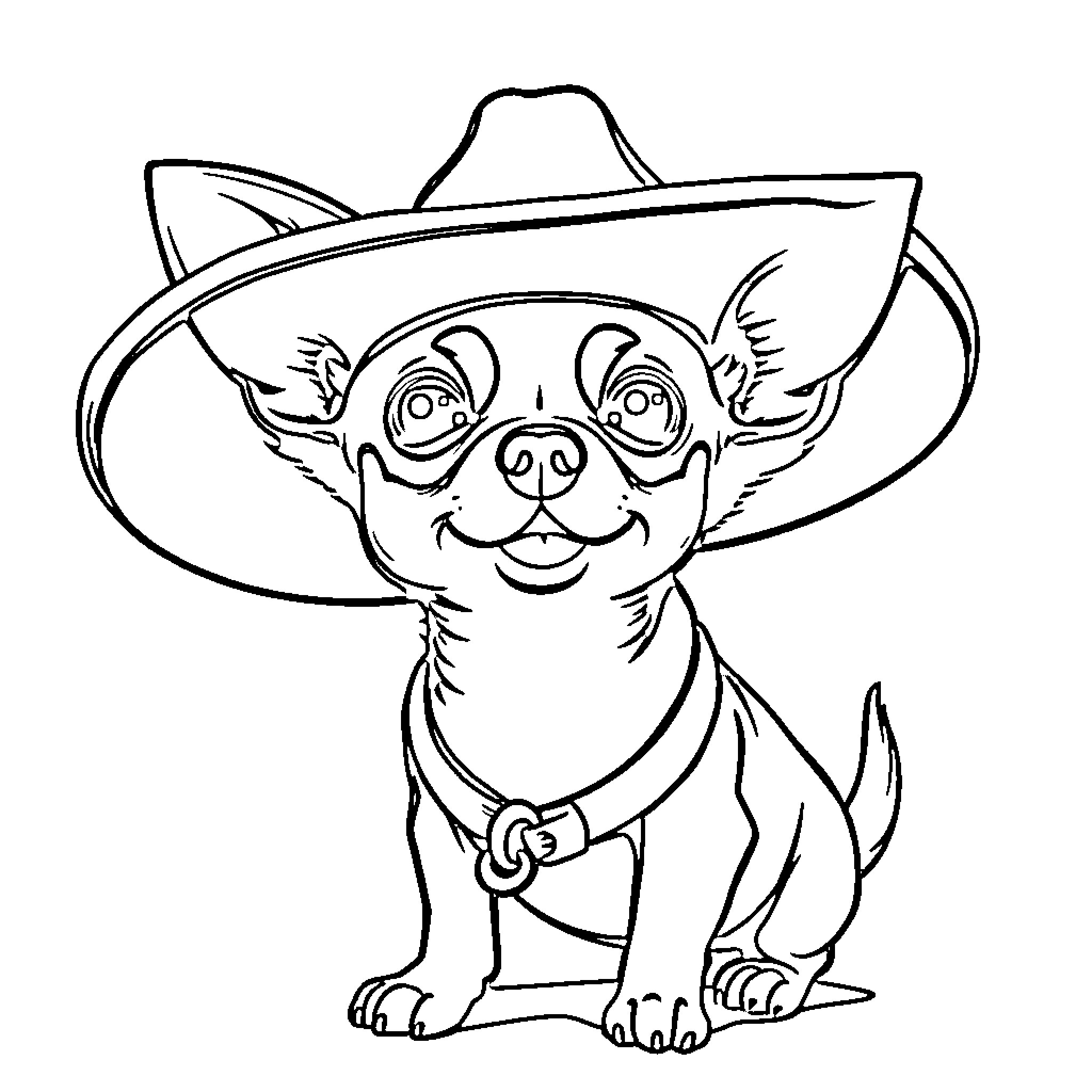 Chihuahua wearing a sombrero and smiling Coloring Page (free black-and-white line drawing printable PDF for all, from beginners to advanced learners, including children, teens, adults, and seniors)