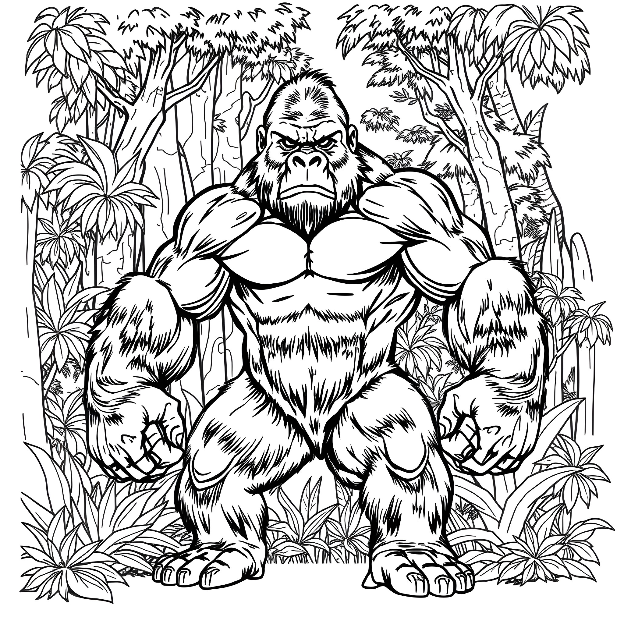 Gorilla flexing muscles in lush jungle Coloring Page (free black-and-white line drawing printable PDF for all, from beginners to advanced learners, including children, teens, adults, and seniors)