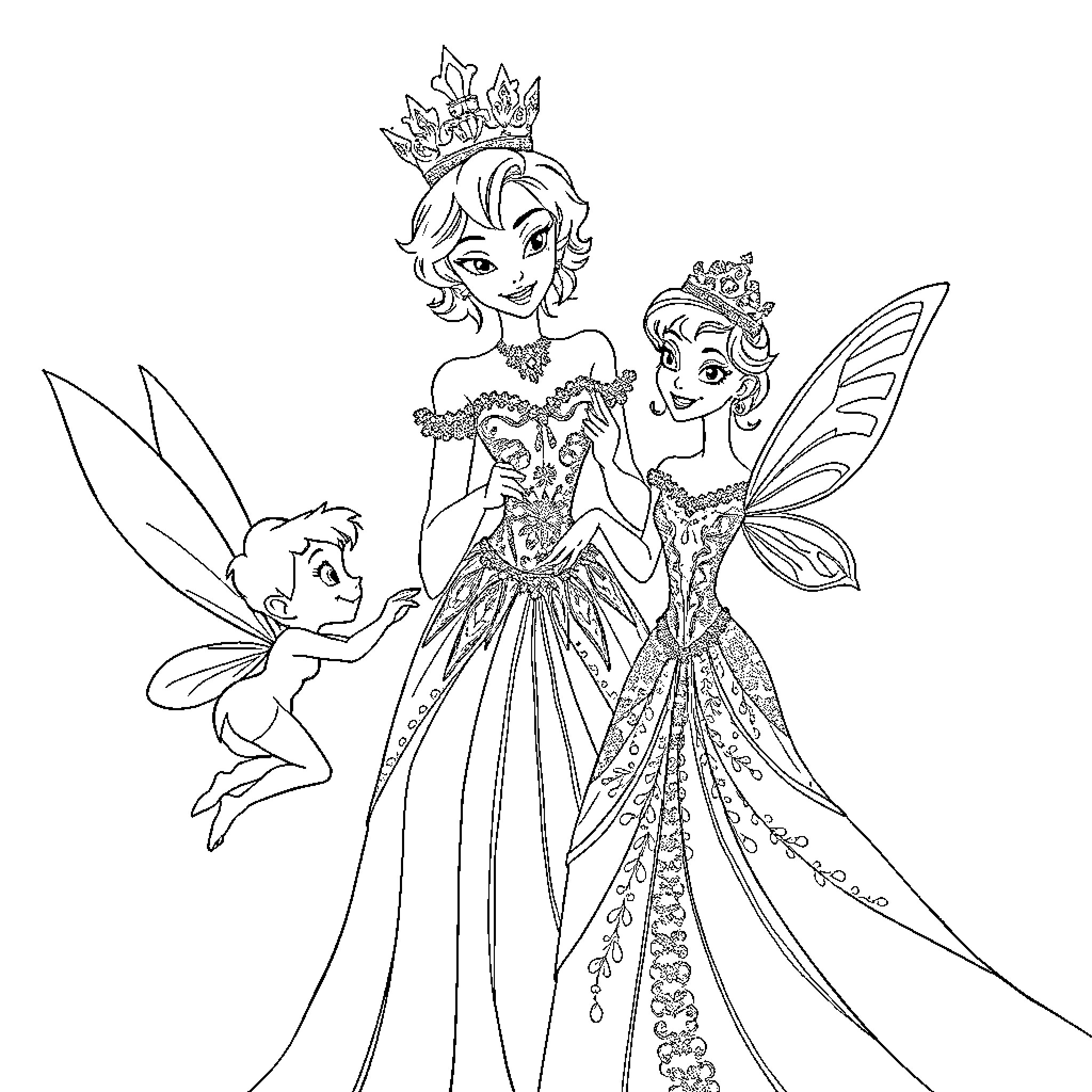 Tinkerbell and Fairy Friends in Enchanting Outfits Coloring Page (free black-and-white line drawing printable PDF for all, from beginners to advanced learners, including children, teens, adults, and seniors)