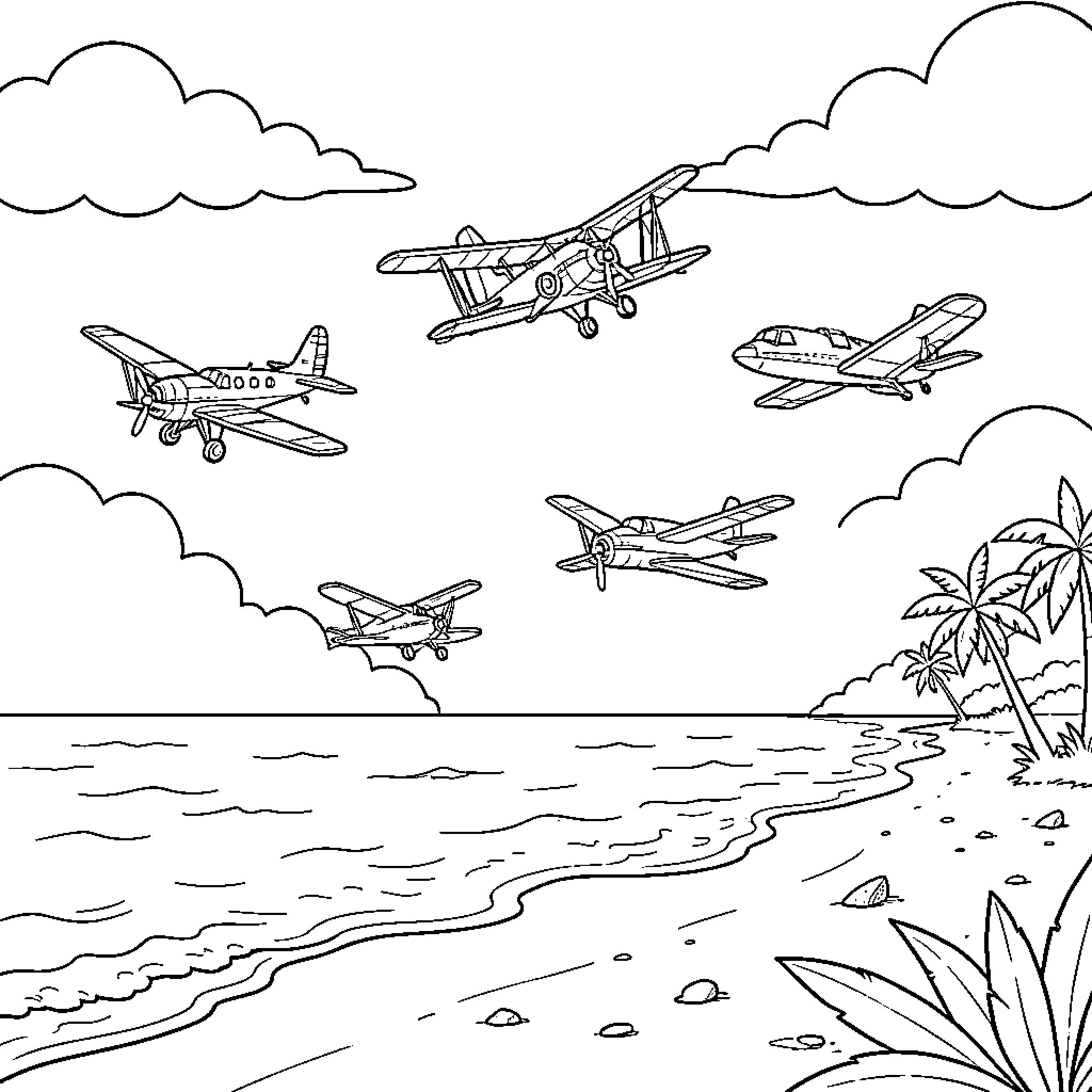 Avión volando sobre el océano y la playa Coloring Page (free black-and-white line drawing printable PDF for all, from beginners to advanced learners, including children, teens, adults, and seniors)