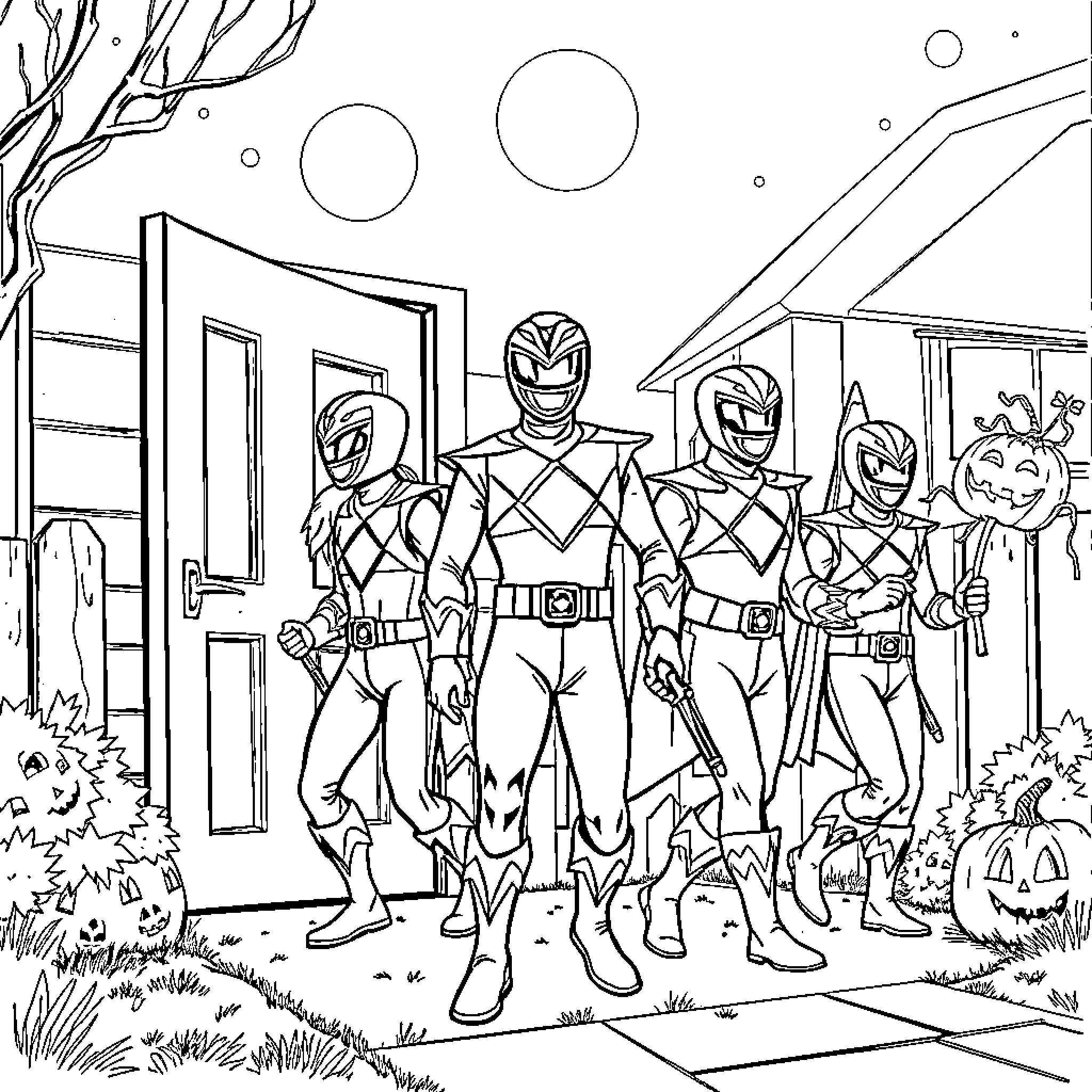Power Rangers Fearlessly Facing Mysterious Foes Coloring Page (free black-and-white line drawing printable PDF for all, from beginners to advanced learners, including children, teens, adults, and seniors)