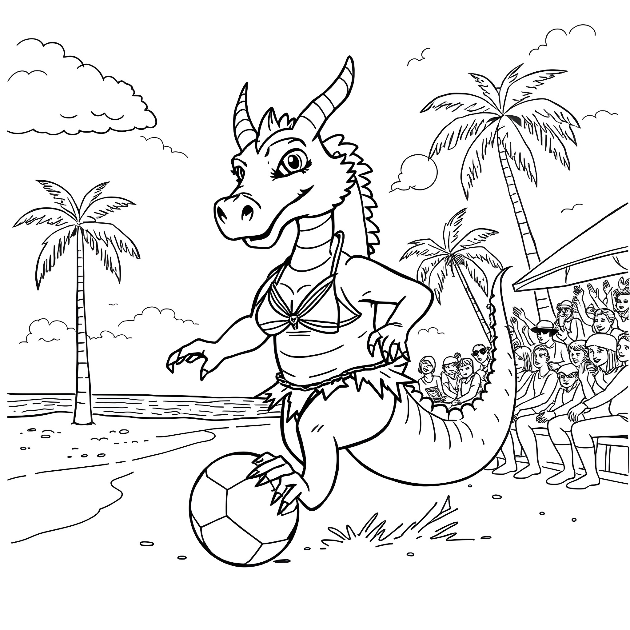 Dragon playing with a beach ball on the tropical island Coloring Page (free black-and-white line drawing printable PDF for all, from beginners to advanced learners, including children, teens, adults, and seniors)