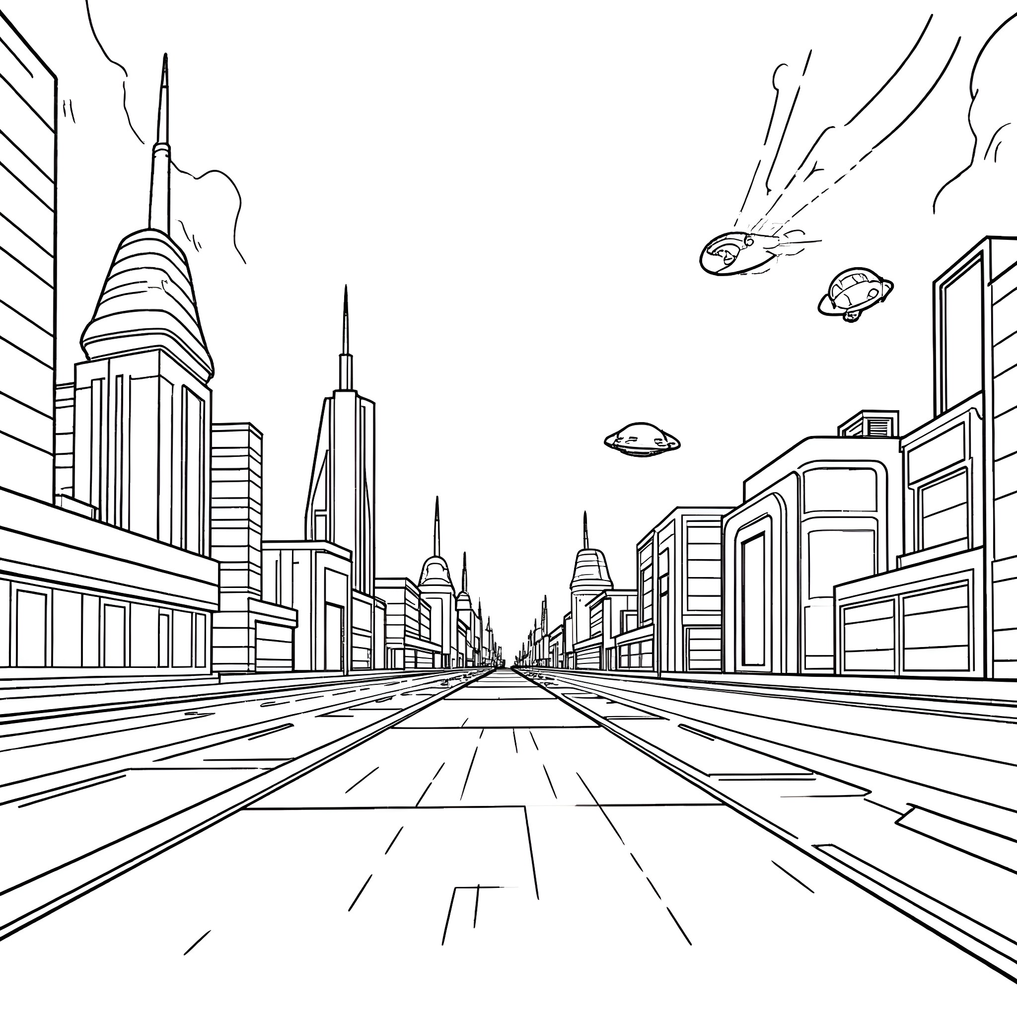 Science Fiction City Landscape with Futuristic Skyscrapers Coloring Page (free black-and-white line drawing printable PDF for all, from beginners to advanced learners, including children, teens, adults, and seniors)