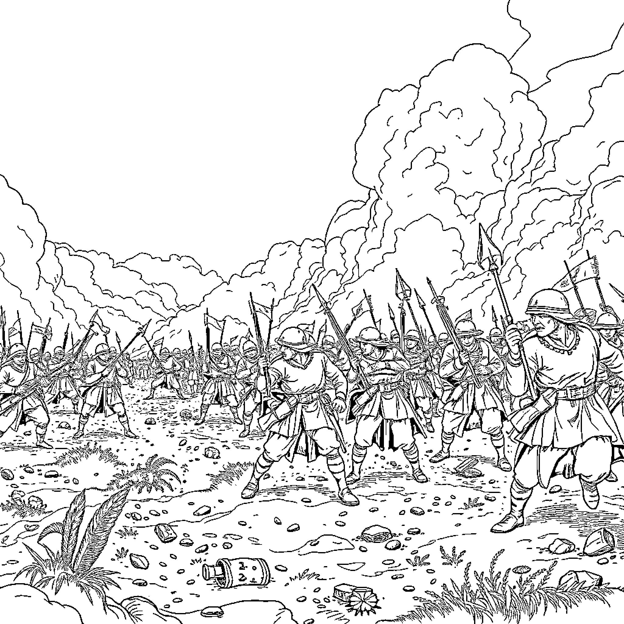 War Soldiers on the Battlefield Coloring Page (free black-and-white line drawing printable PDF for all, from beginners to advanced learners, including children, teens, adults, and seniors)