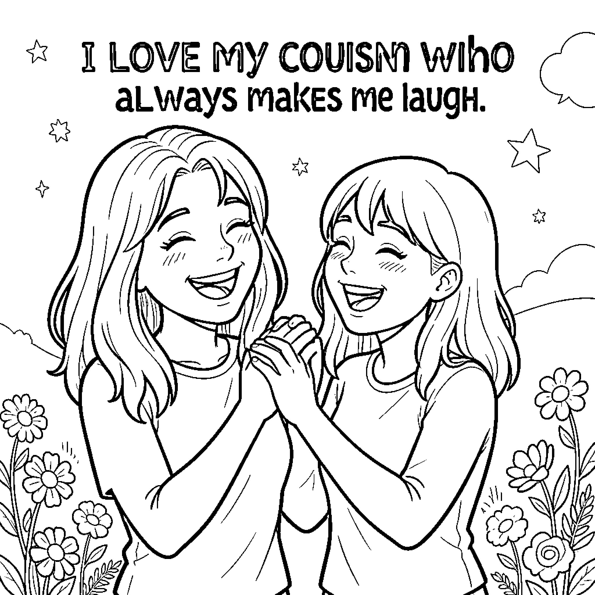 Cousin's Joyful Laughter Coloring Page (free black-and-white line drawing printable PDF for all, from beginners to advanced learners, including children, teens, adults, and seniors)