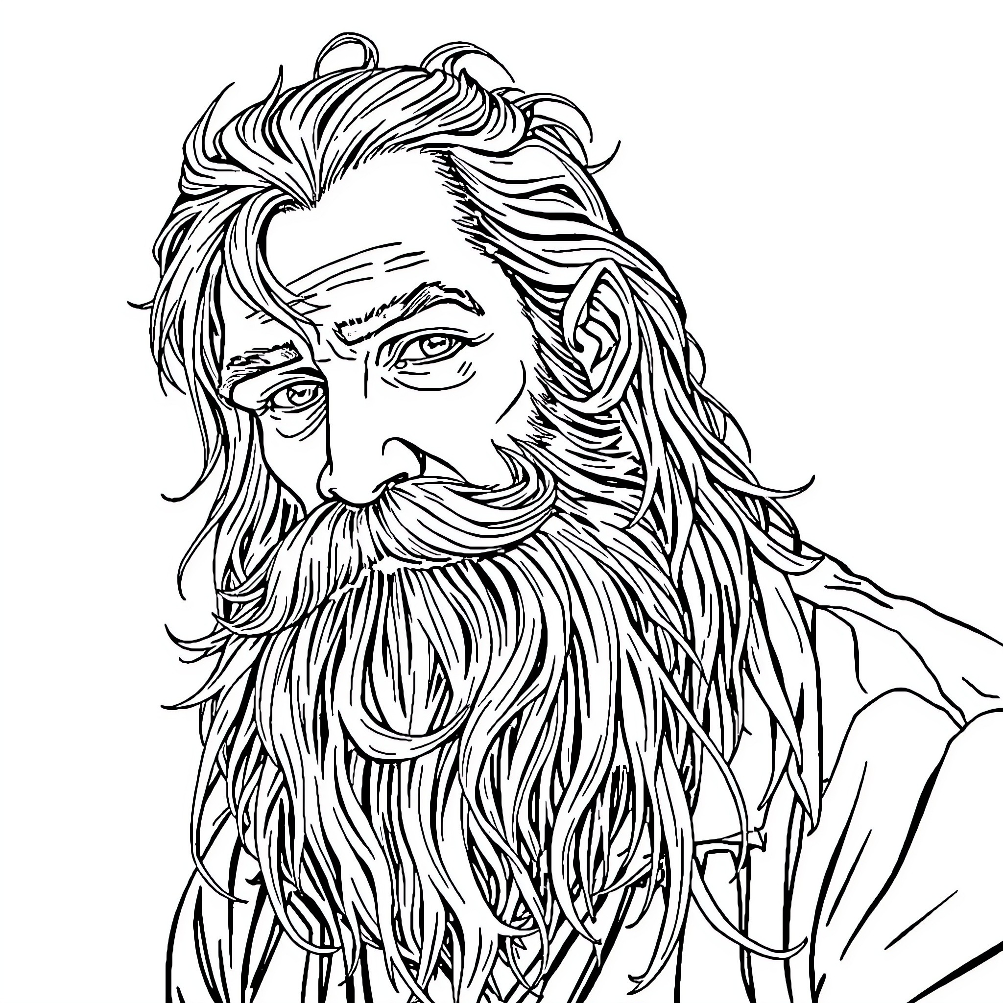 Man with Expressive Beard and Flowing Hair Coloring Page (free black-and-white line drawing printable PDF for all, from beginners to advanced learners, including children, teens, adults, and seniors)