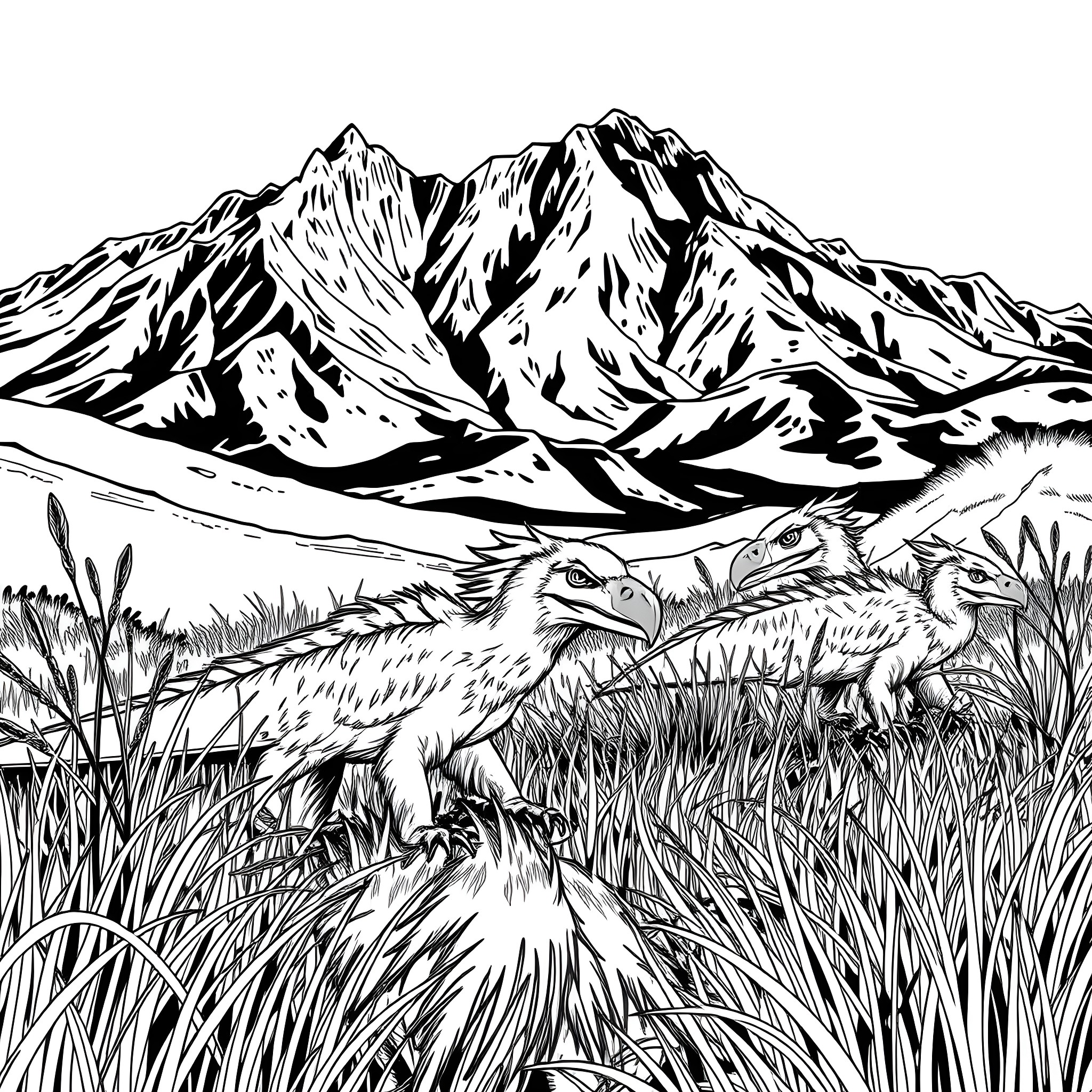 Raptor raptors in mountainous landscape Coloring Page (free black-and-white line drawing printable PDF for all, from beginners to advanced learners, including children, teens, adults, and seniors)