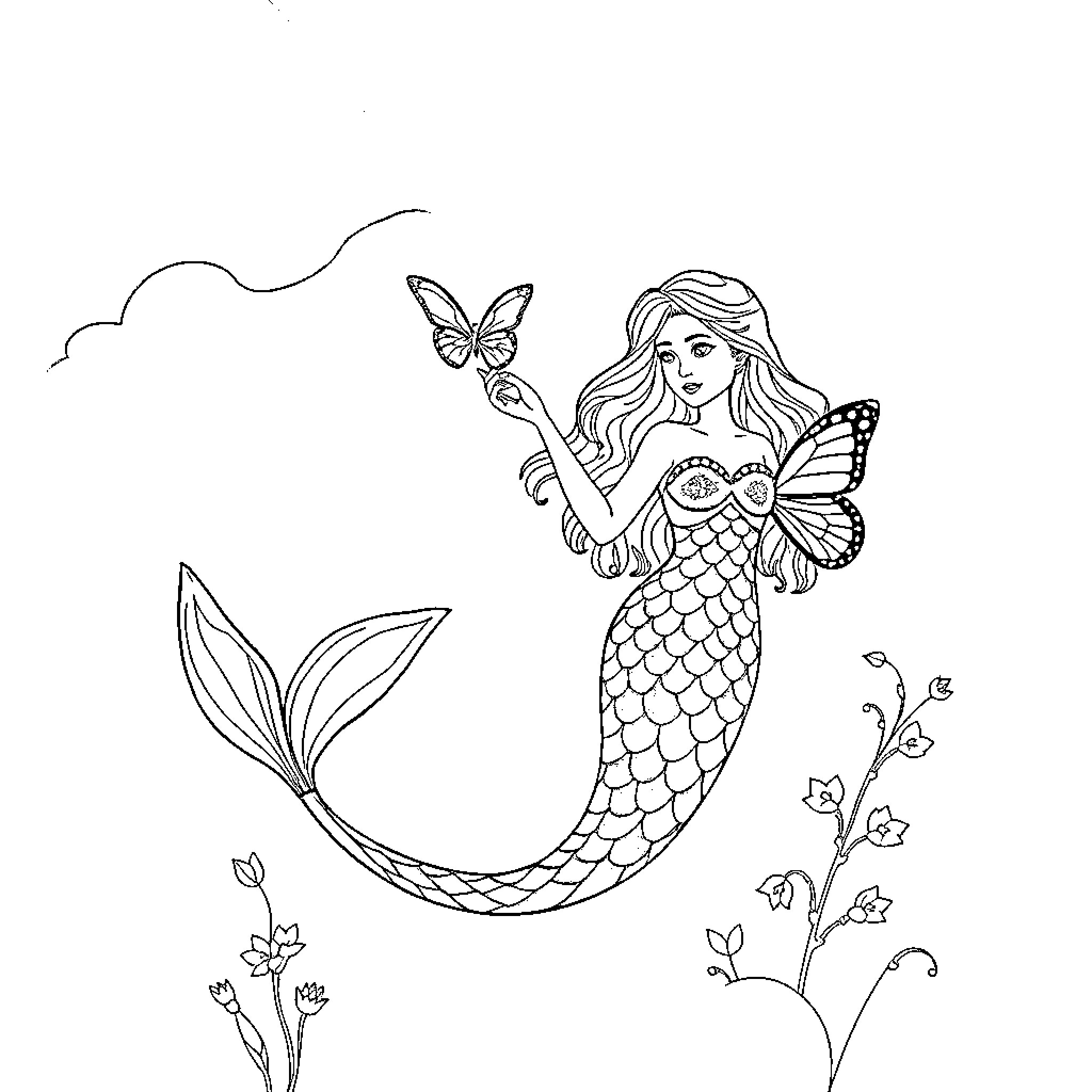 Mermaid interacting with butterfly and sea plants Coloring Page (free black-and-white line drawing printable PDF for all, from beginners to advanced learners, including children, teens, adults, and seniors)
