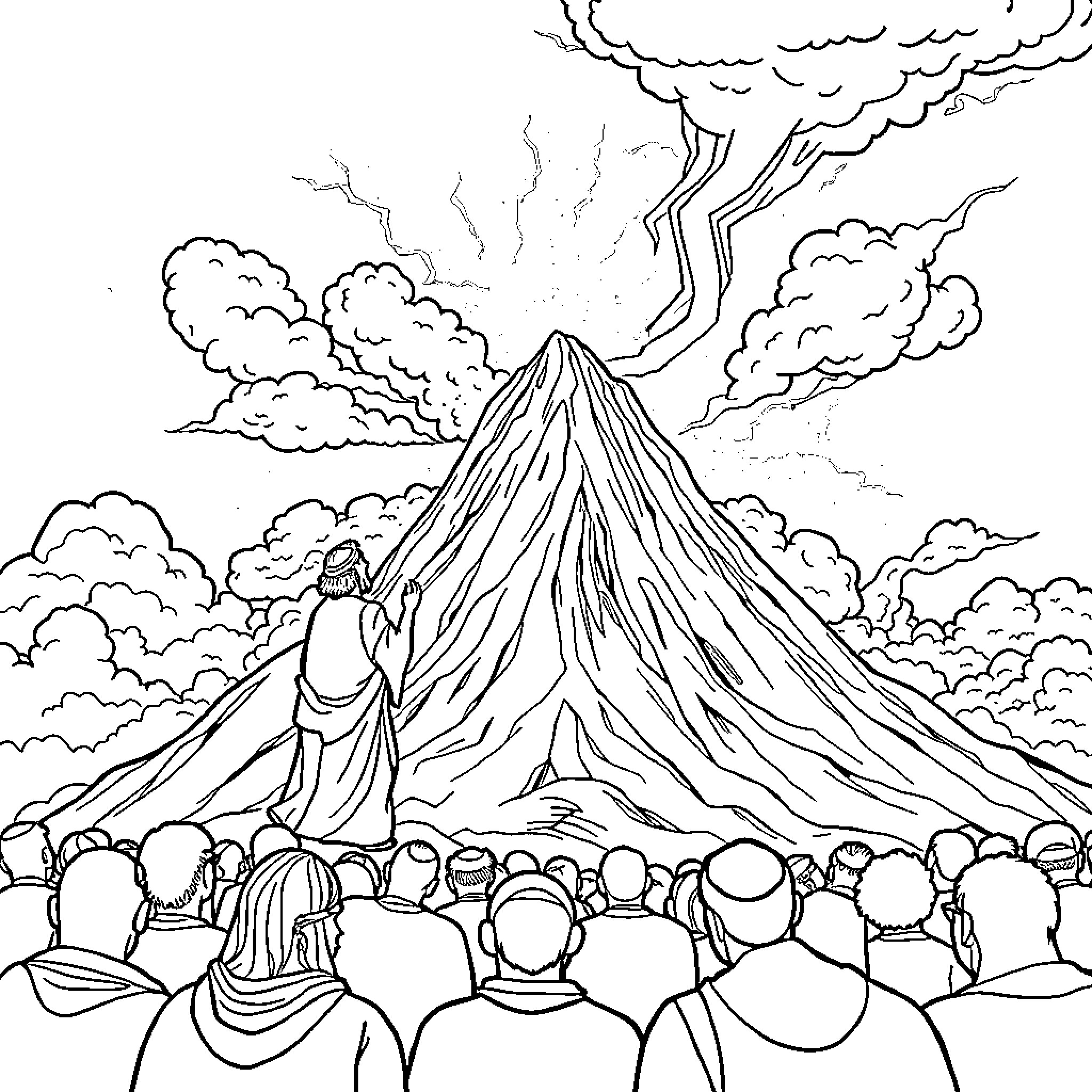 Moshe Leads the People Towards the Erupting Mountain Coloring Page (free black-and-white line drawing printable PDF for all, from beginners to advanced learners, including children, teens, adults, and seniors)