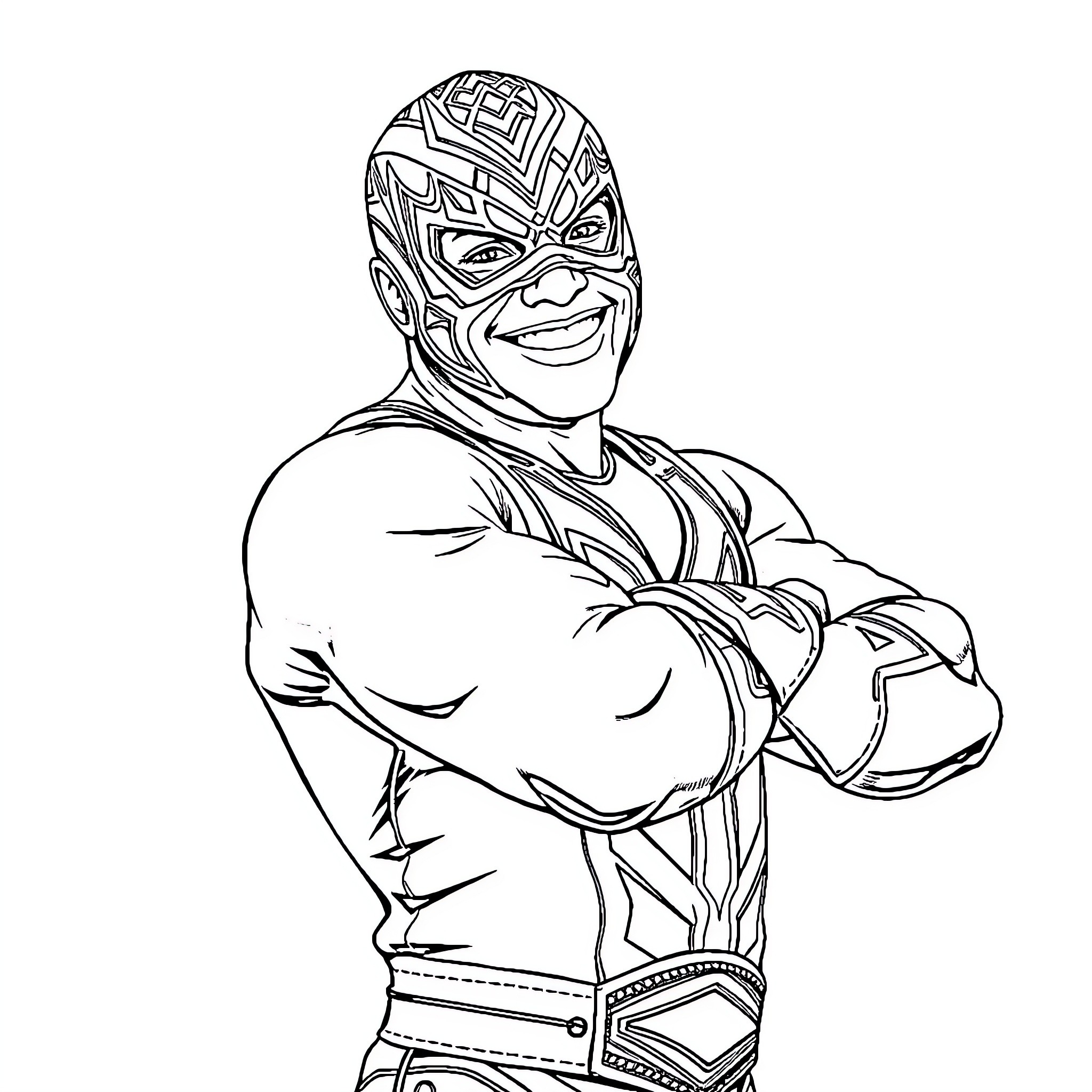 Rey Mysterio in action-packed wrestler pose Coloring Page (free black-and-white line drawing printable PDF for all, from beginners to advanced learners, including children, teens, adults, and seniors)