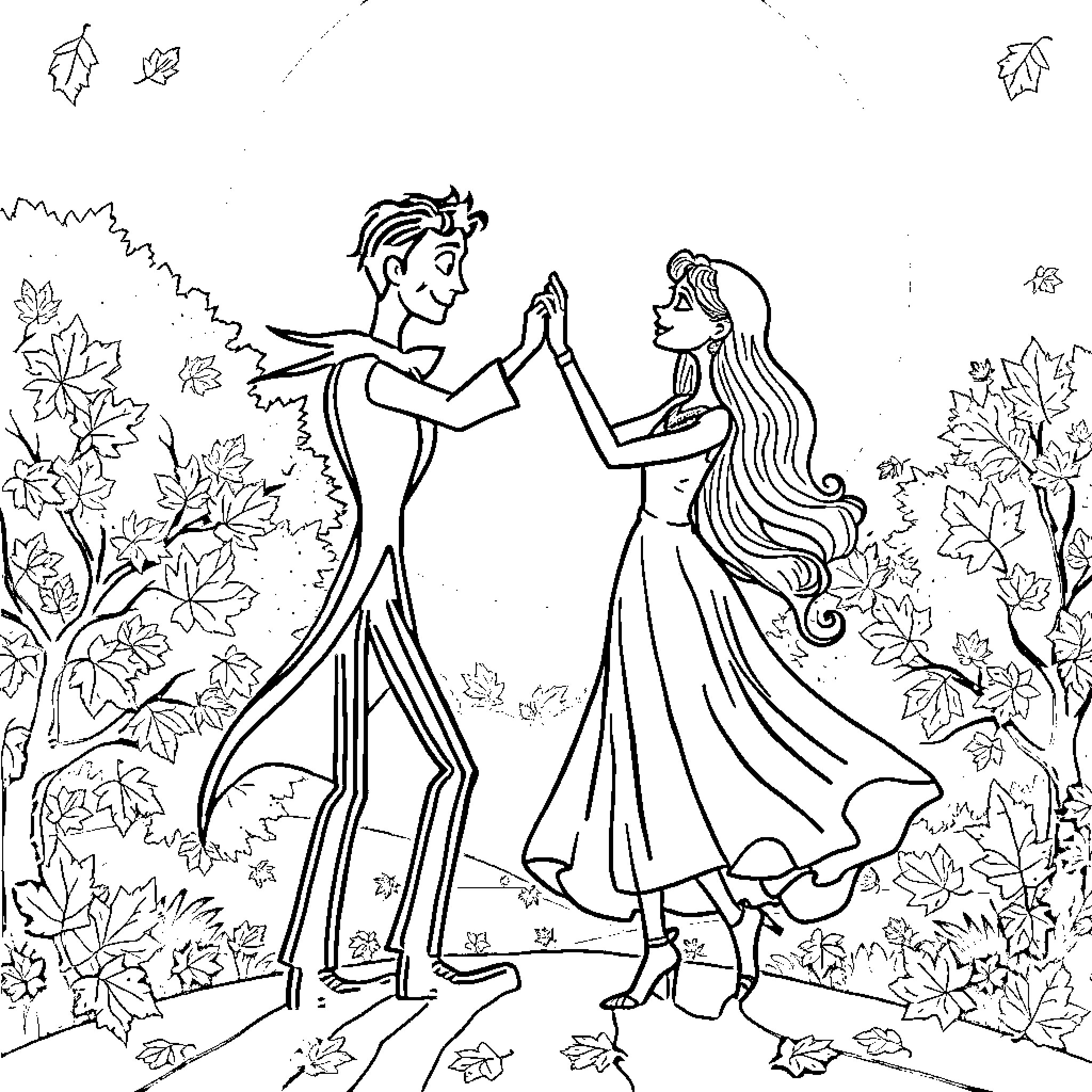 Jack and Sally dancing together in a fall scene Coloring Page (free black-and-white line drawing printable PDF for all, from beginners to advanced learners, including children, teens, adults, and seniors)