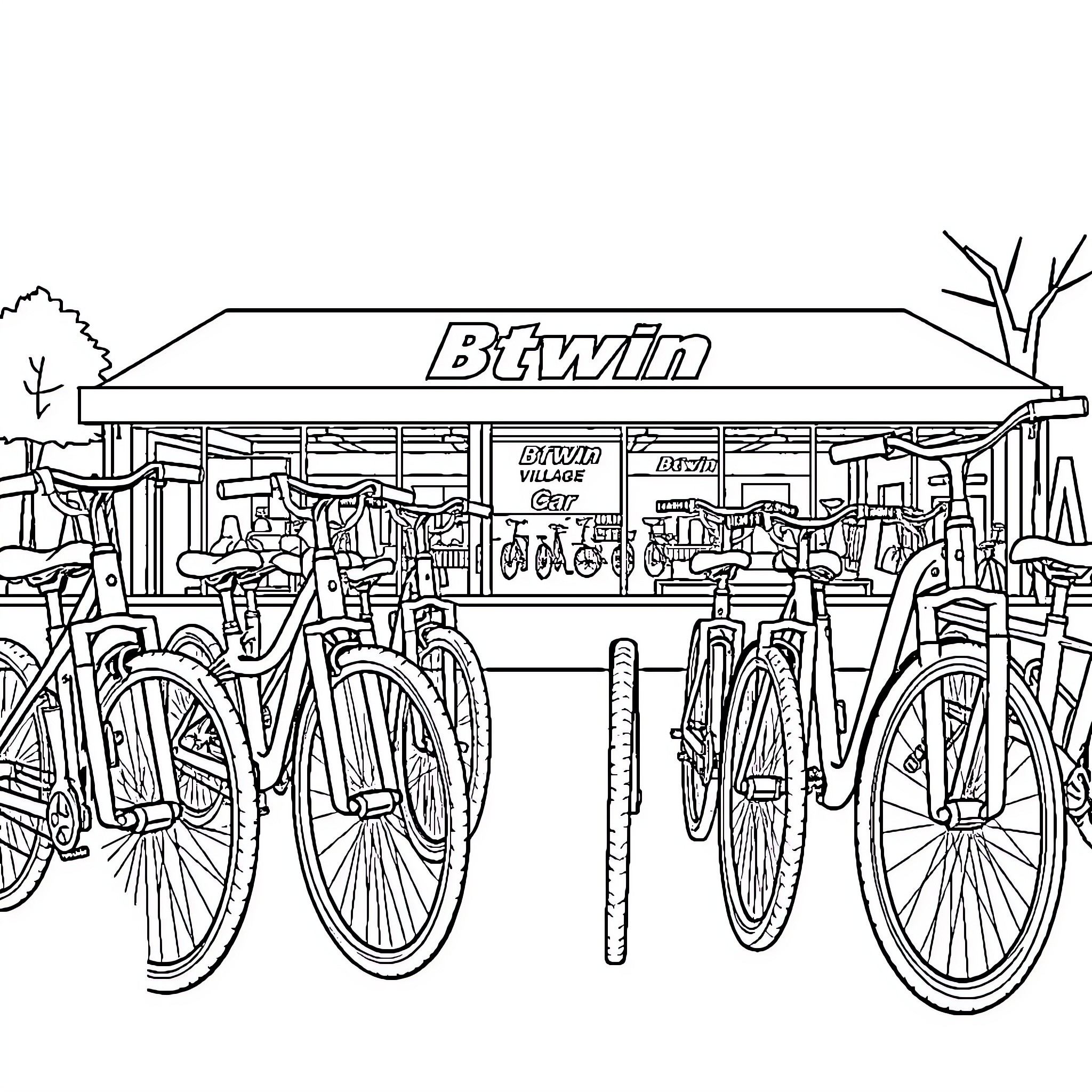 Bicycle shop with various cycles displayed Coloring Page (free black-and-white line drawing printable PDF for all, from beginners to advanced learners, including children, teens, adults, and seniors)
