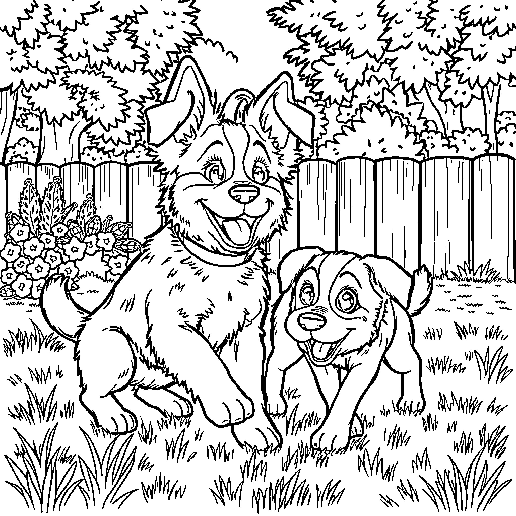 Bluey's Playful Adventure in the Backyard Coloring Page (free black-and-white line drawing printable PDF for all, from beginners to advanced learners, including children, teens, adults, and seniors)