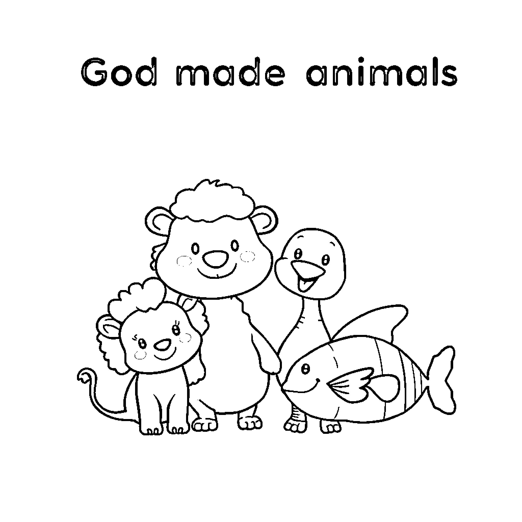 Animal Friends Gathered Together Coloring Page (free black-and-white line drawing printable PDF for all, from beginners to advanced learners, including children, teens, adults, and seniors)