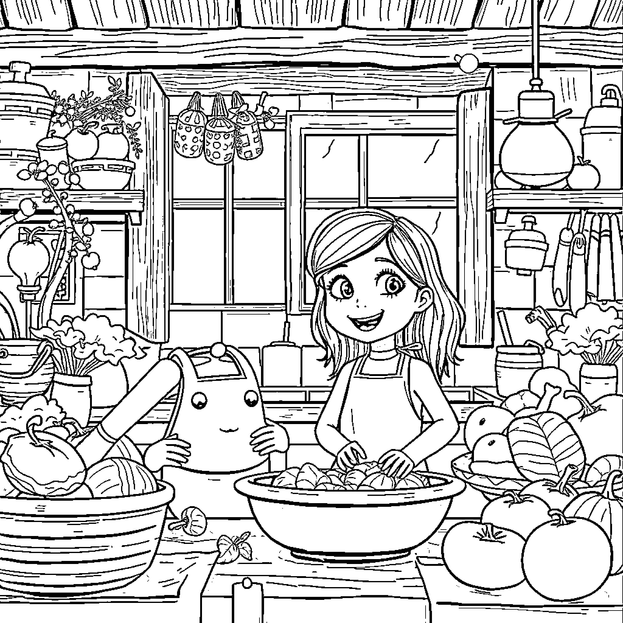 Ratatouille - Girl cooking with animal companions Coloring Page (free black-and-white line drawing printable PDF for all, from beginners to advanced learners, including children, teens, adults, and seniors)