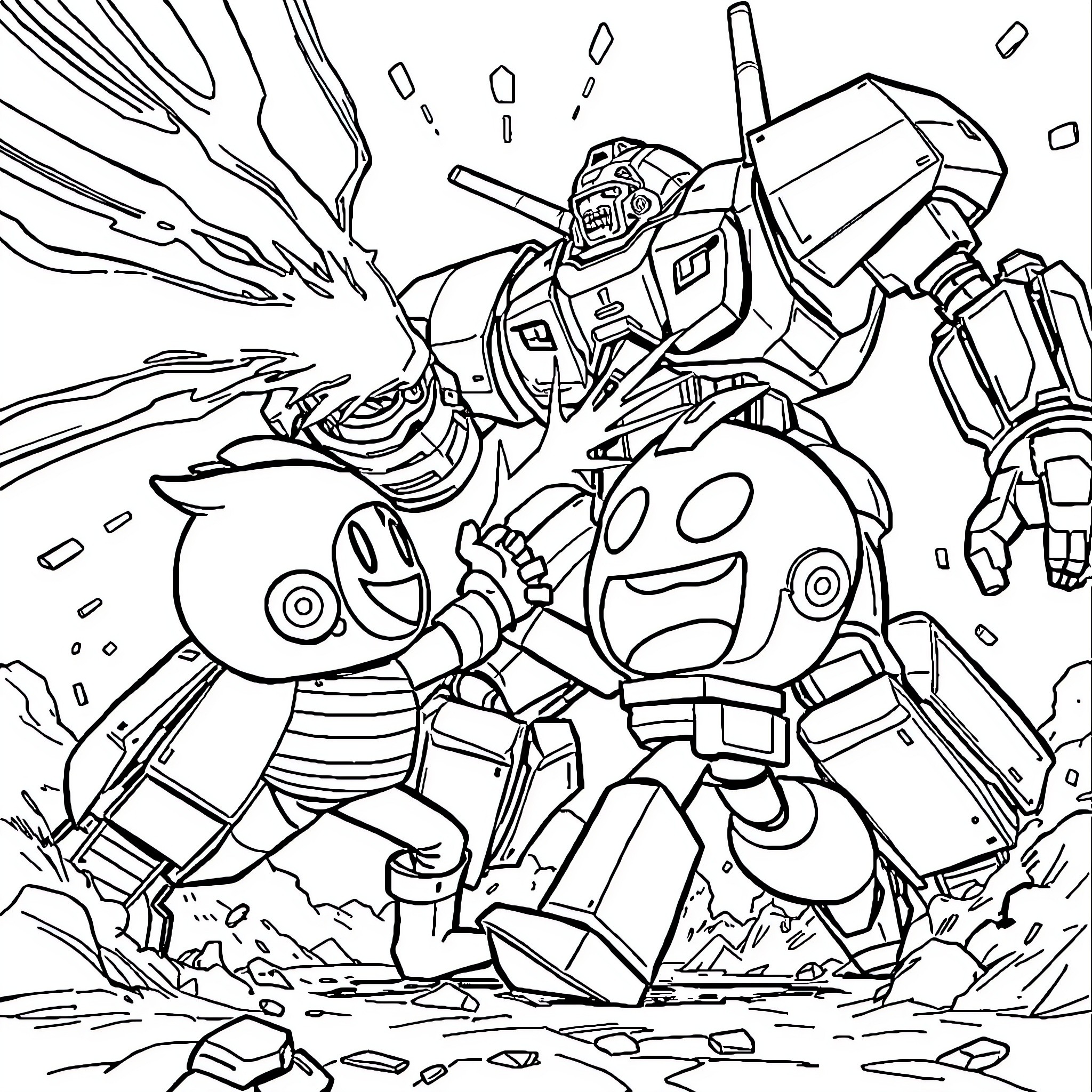 Mati's Robotic Battle with Destructive Foes Coloring Page (free black-and-white line drawing printable PDF for all, from beginners to advanced learners, including children, teens, adults, and seniors)