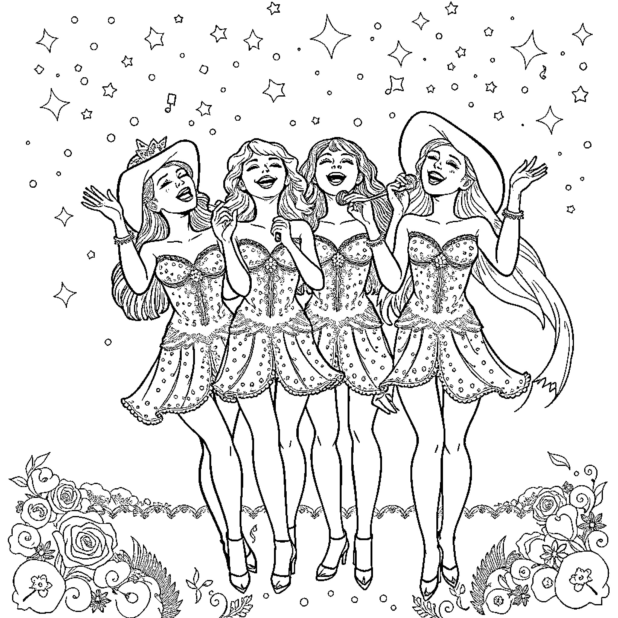 Huntrix Girls Celebrating with Glittering Stars Coloring Page (free black-and-white line drawing printable PDF for all, from beginners to advanced learners, including children, teens, adults, and seniors)