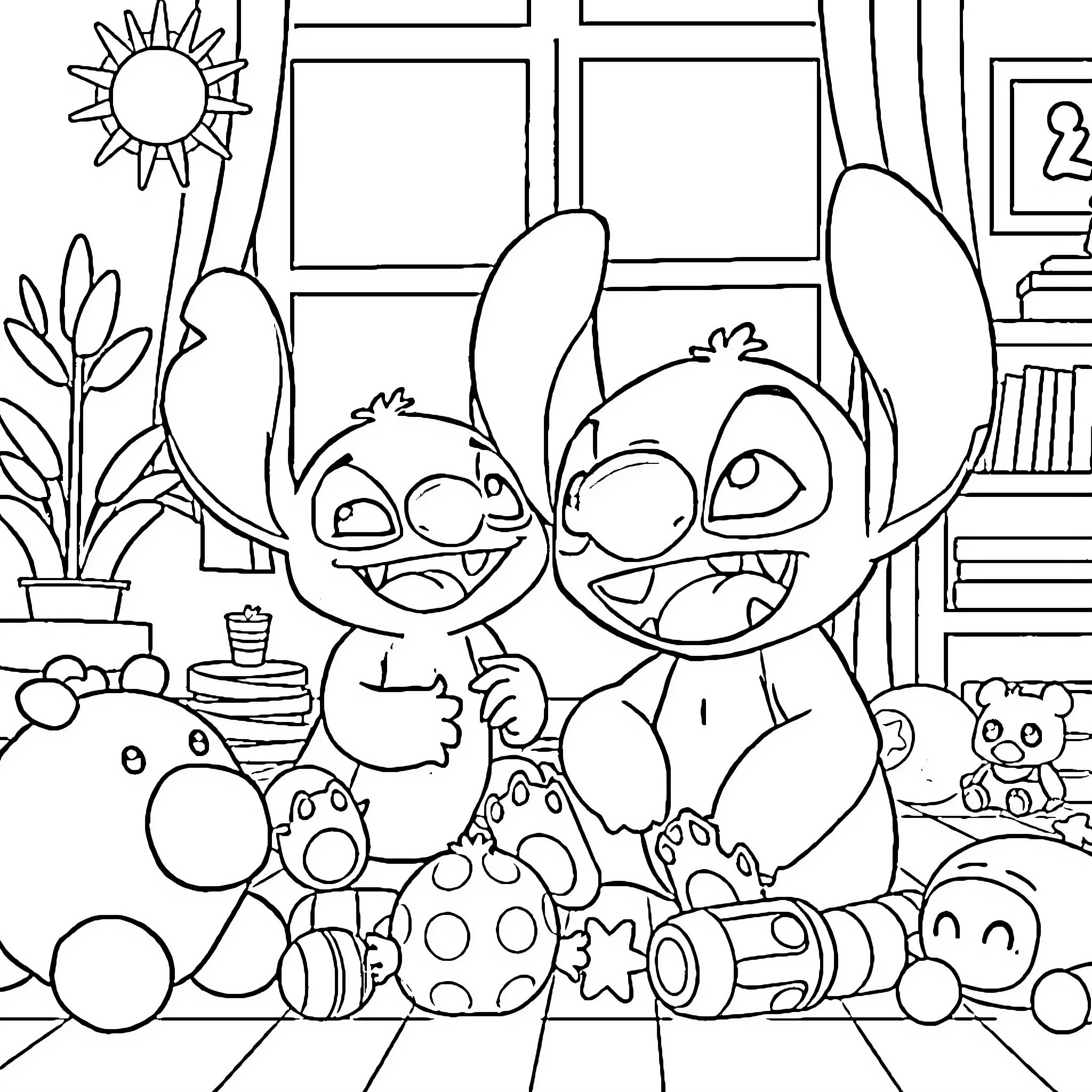 Labubu's Colorful Room Adventure Coloring Page (free black-and-white line drawing printable PDF for all, from beginners to advanced learners, including children, teens, adults, and seniors)