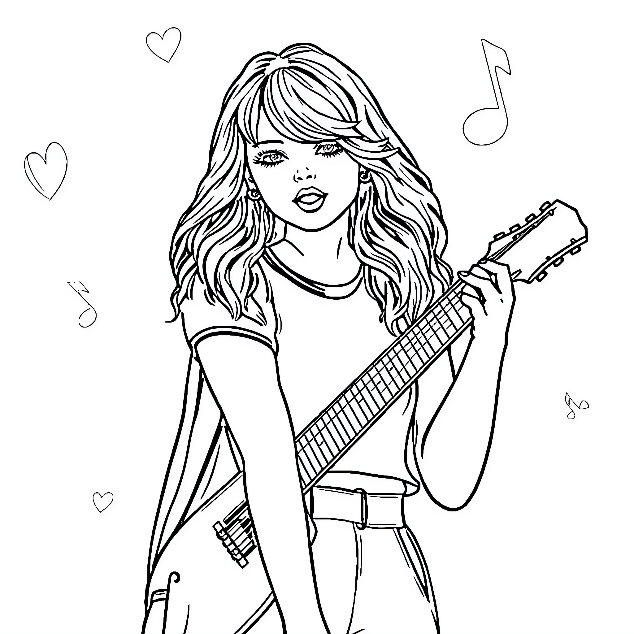 Taylor Swift singing and playing guitar with musical notes Coloring Page (free black-and-white line drawing printable PDF for all, from beginners to advanced learners, including children, teens, adults, and seniors)