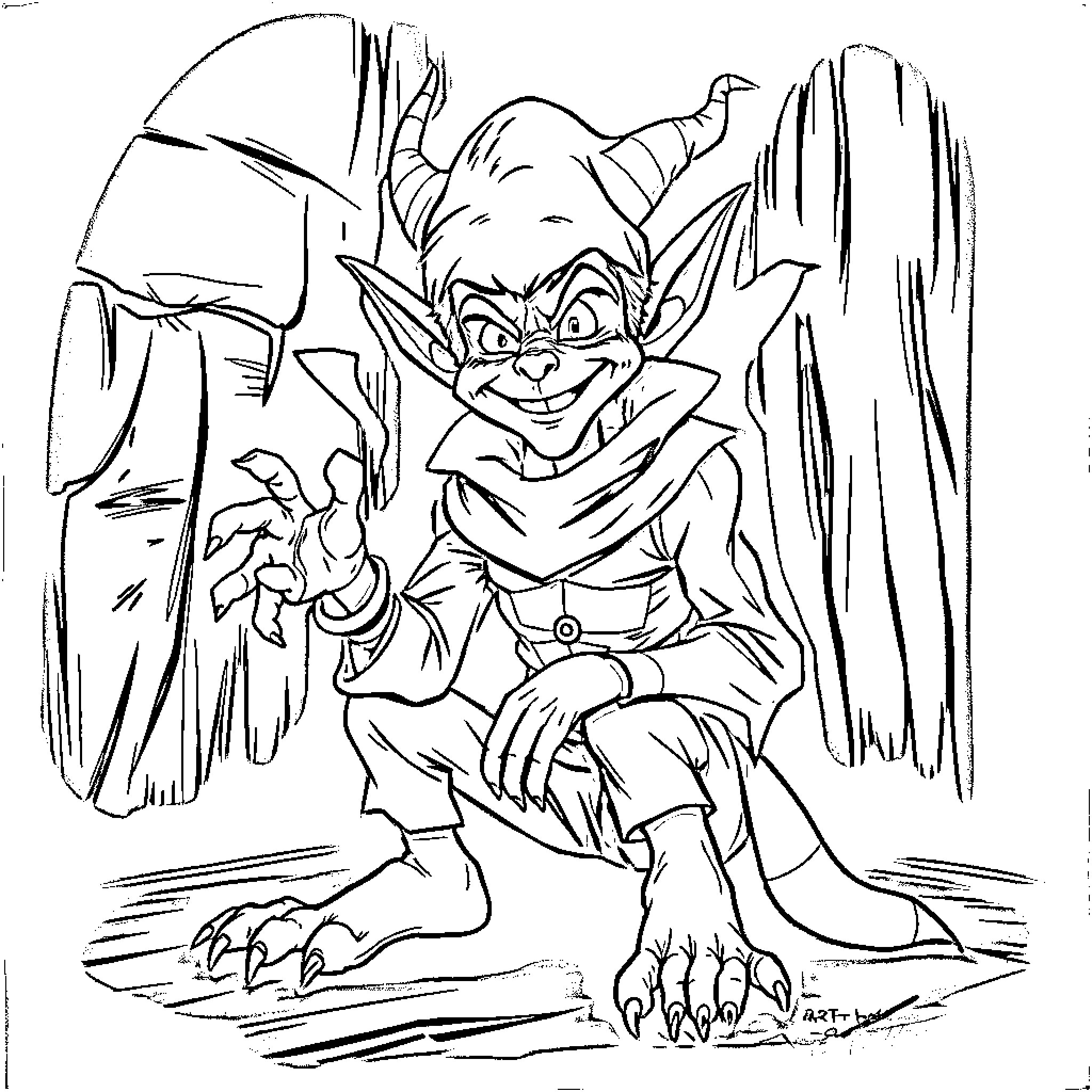 Hobgoblin's Mischievous Adventure in the Enchanted Forest Coloring Page (free black-and-white line drawing printable PDF for all, from beginners to advanced learners, including children, teens, adults, and seniors)