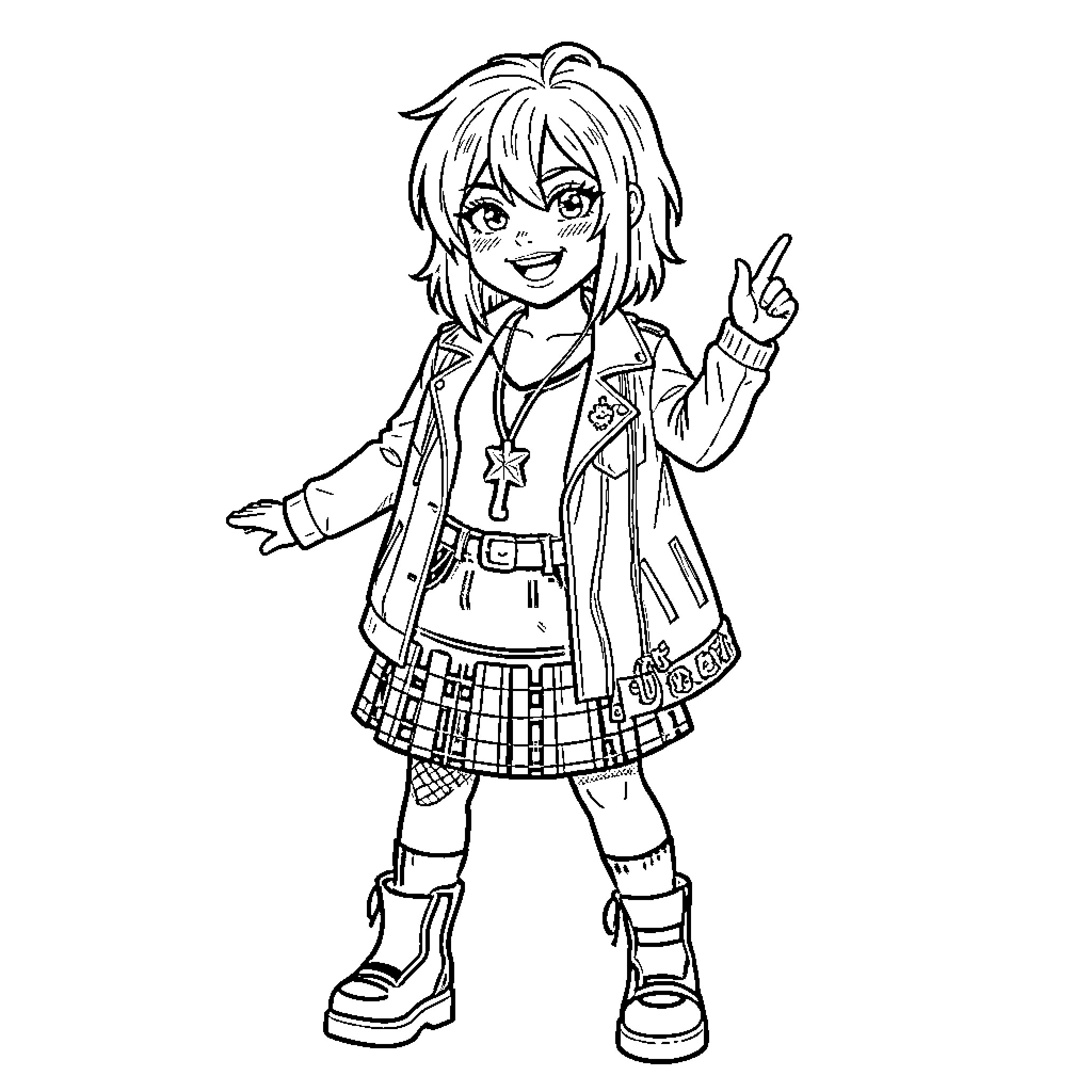 Emo Girl smiling and pointing upwards in trendy outfit Coloring Page (free black-and-white line drawing printable PDF for all, from beginners to advanced learners, including children, teens, adults, and seniors)