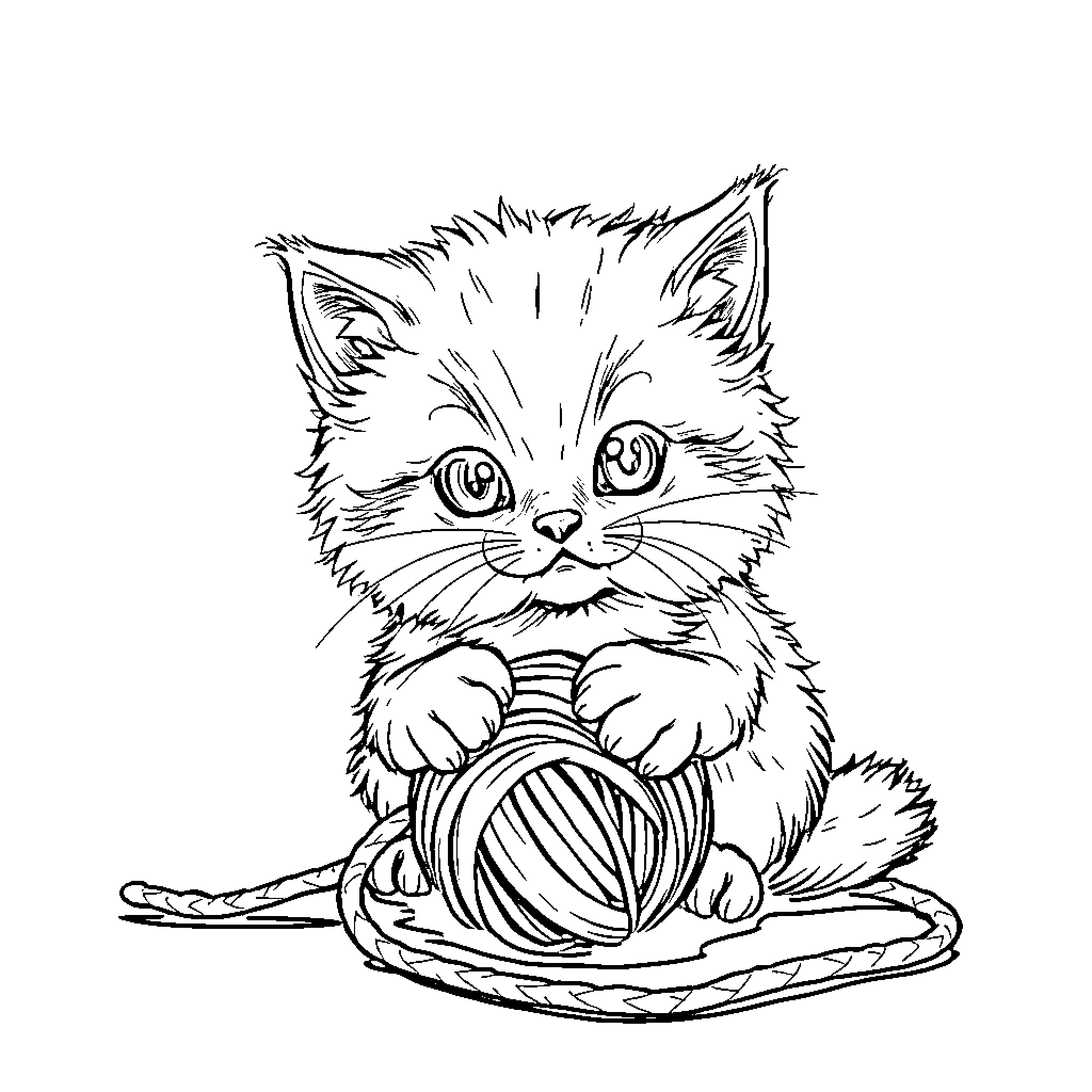 Kitten playing with yarn on plate Coloring Page (free black-and-white line drawing printable PDF for all, from beginners to advanced learners, including children, teens, adults, and seniors)