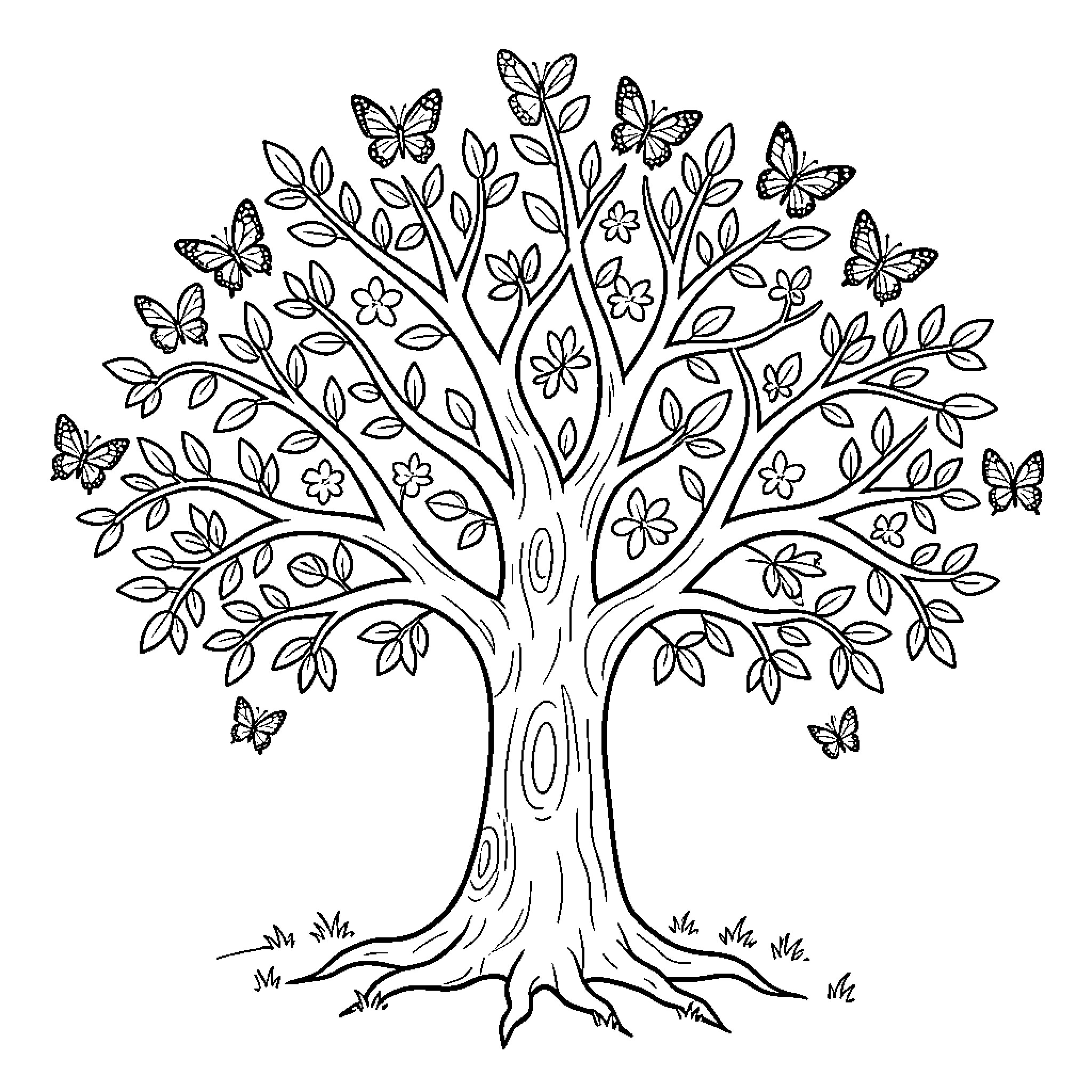 Tree adorned with blooming flowers and fluttering butterflies Coloring Page (free black-and-white line drawing printable PDF for all, from beginners to advanced learners, including children, teens, adults, and seniors)